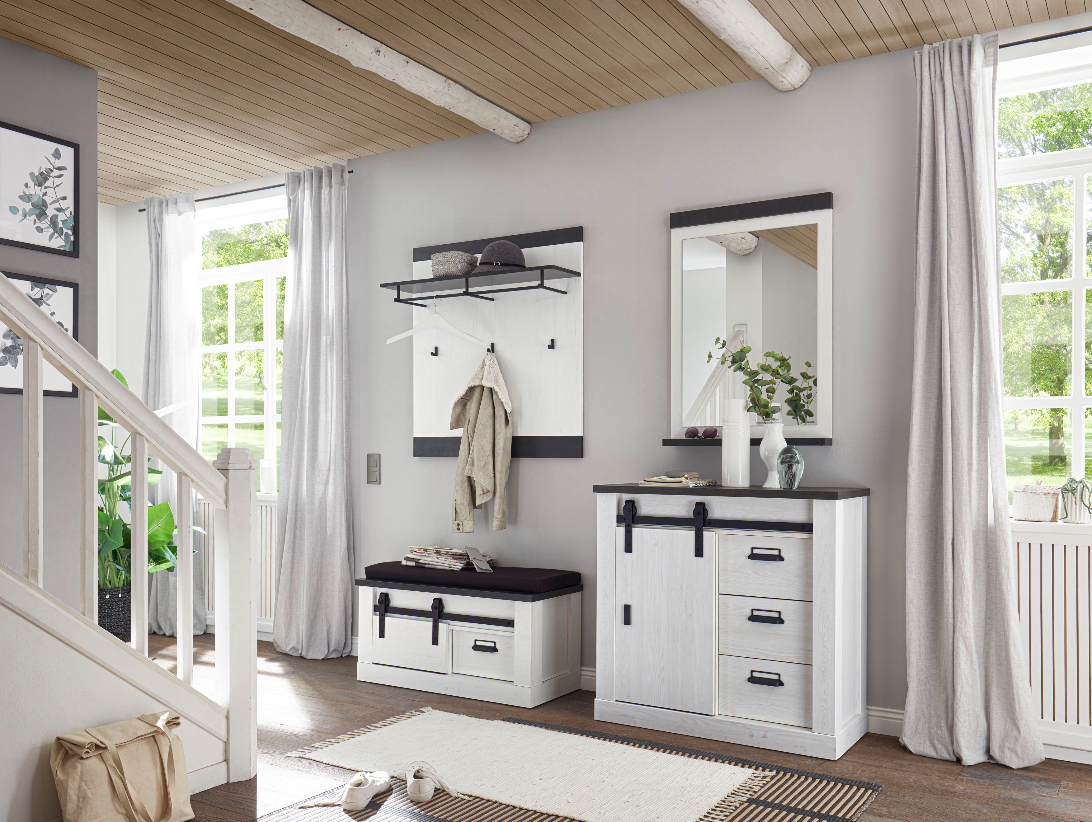 Home affaire Halmeubelset Sherwood met schuurdeurbeslag, apothekersgrepen van metaal (4-delig)