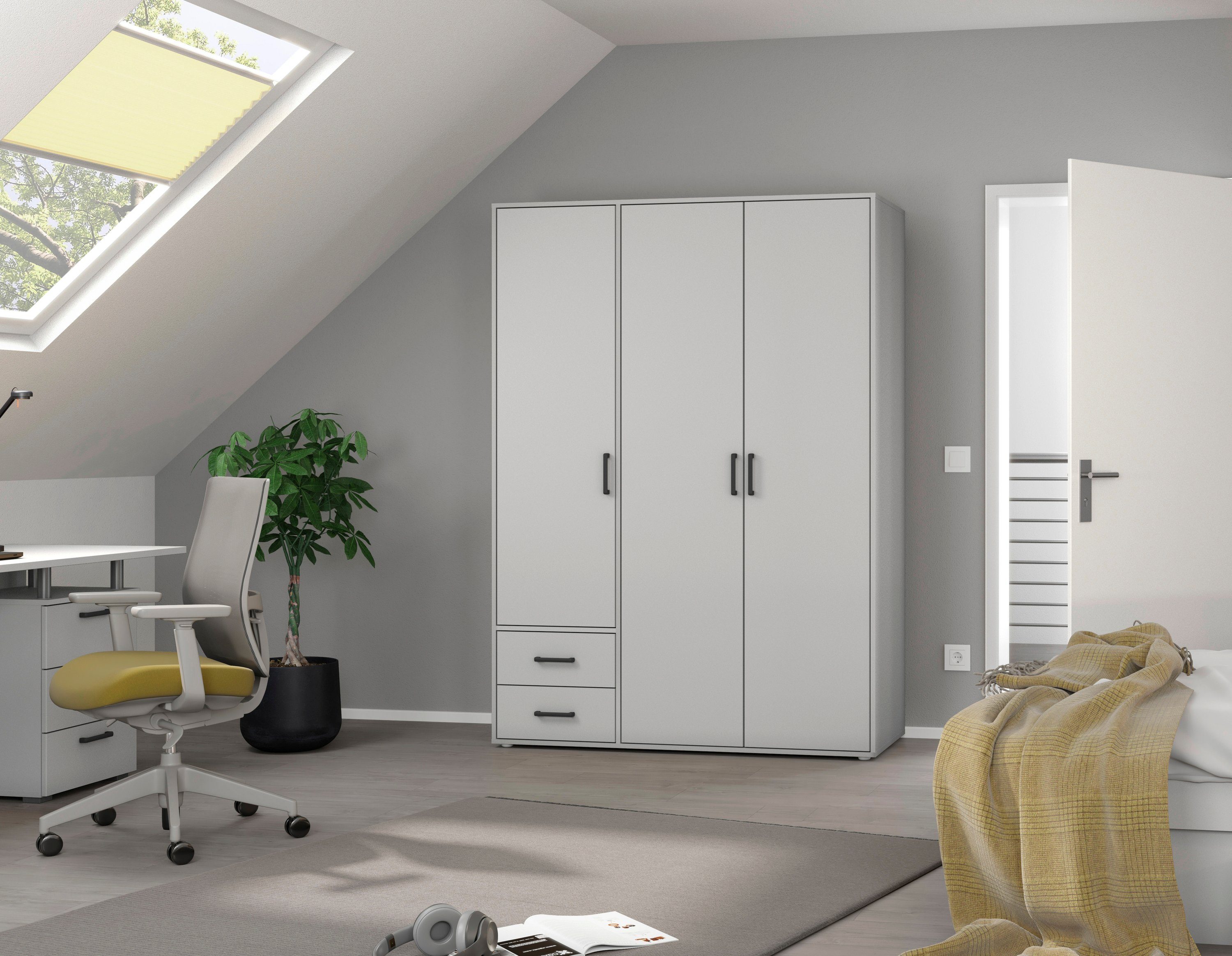 rauch Draaideurkast Voyager, kledingkast met buitenladen, garderobe moderne grepen in grijs metallic met buitenlades made in germany
