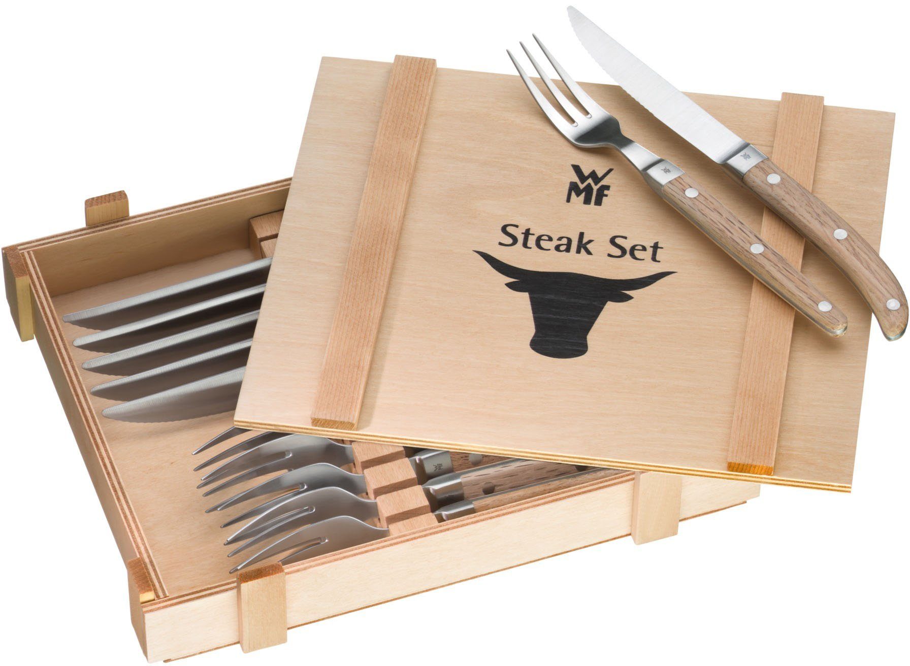 WMF Steakbestek Ranch Cromarganedelstaal 18/10 gematteerd, eikenhout geolied, 12delig (set, 12
