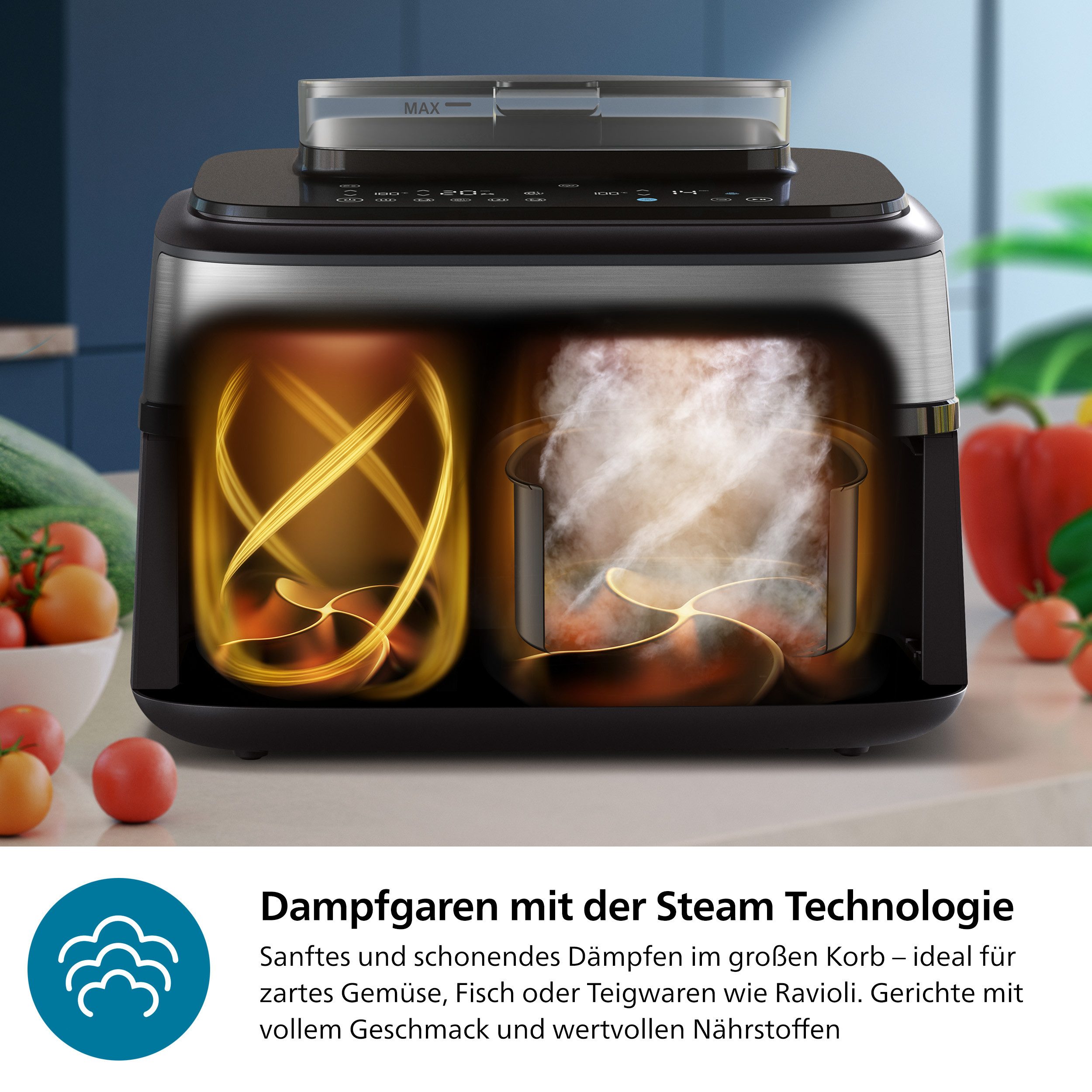 Philips Airfryer NA555/00 Steam Airfryer 5000 Series Dual Basket, 9L Kapazität (3L+6L)