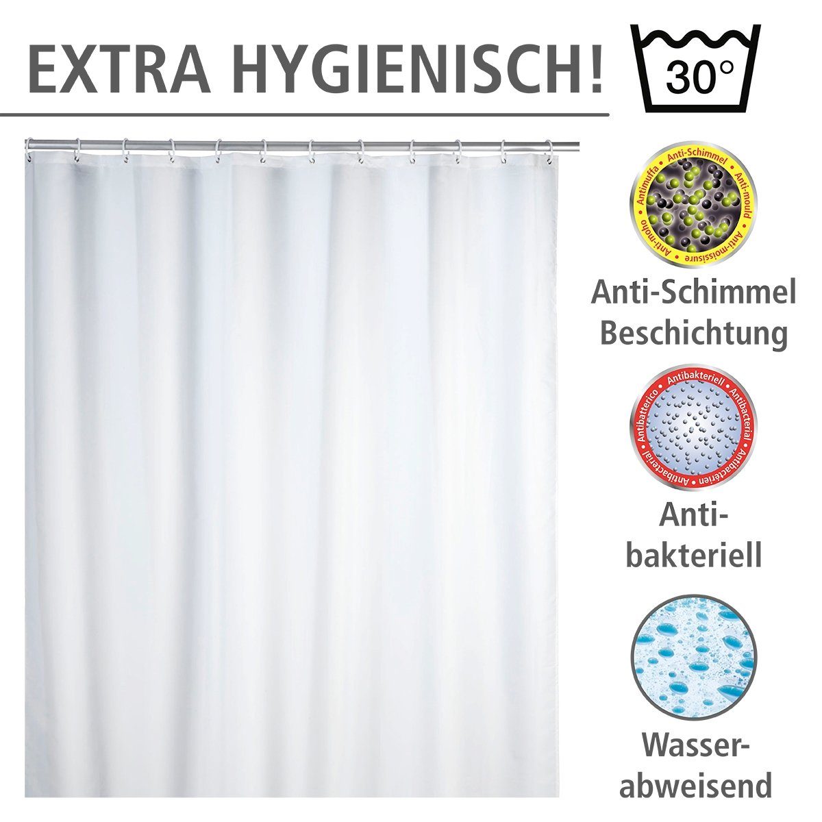 WENKO Douchegordijn Uni white Hoogte 200 cm, polyester. Wasbaar