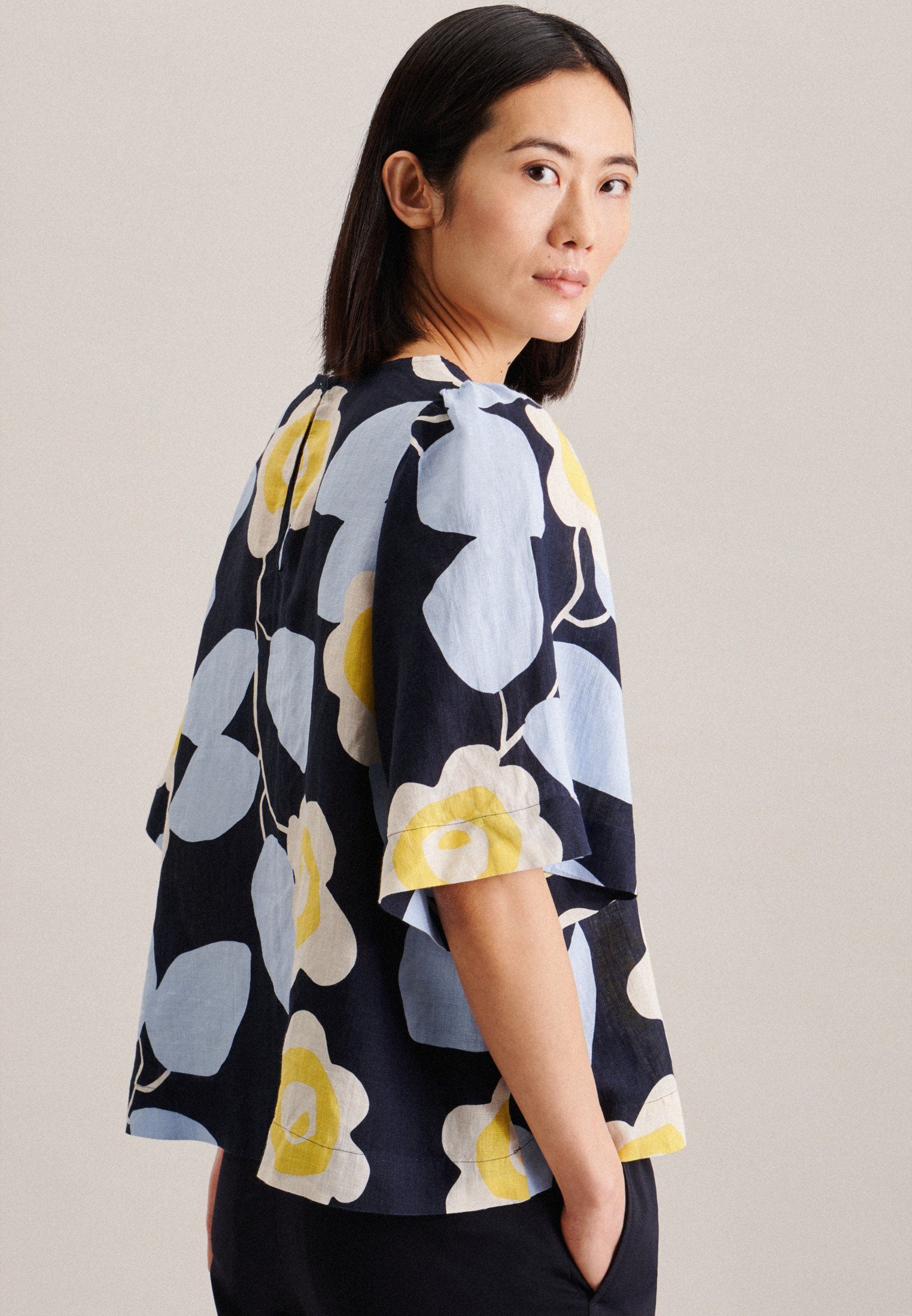 seidensticker Shirtblouse Zwarte roos Korte mouwen ronde hals print