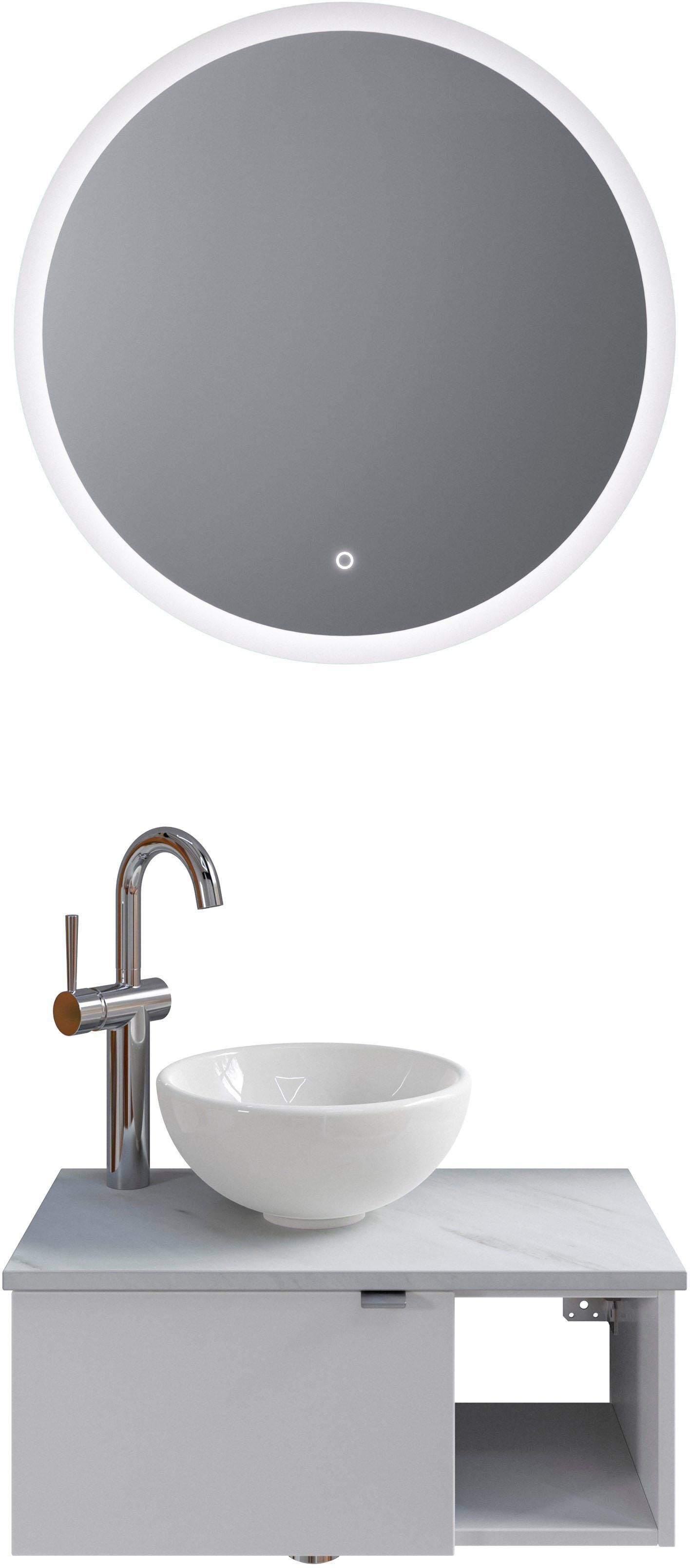 Saphir Badkamerserie Serie 6915 Gastenbadkamer, 70 cm breed, met led-spiegel, open vak en 1 deur (4-delig) badmeubelsets wit