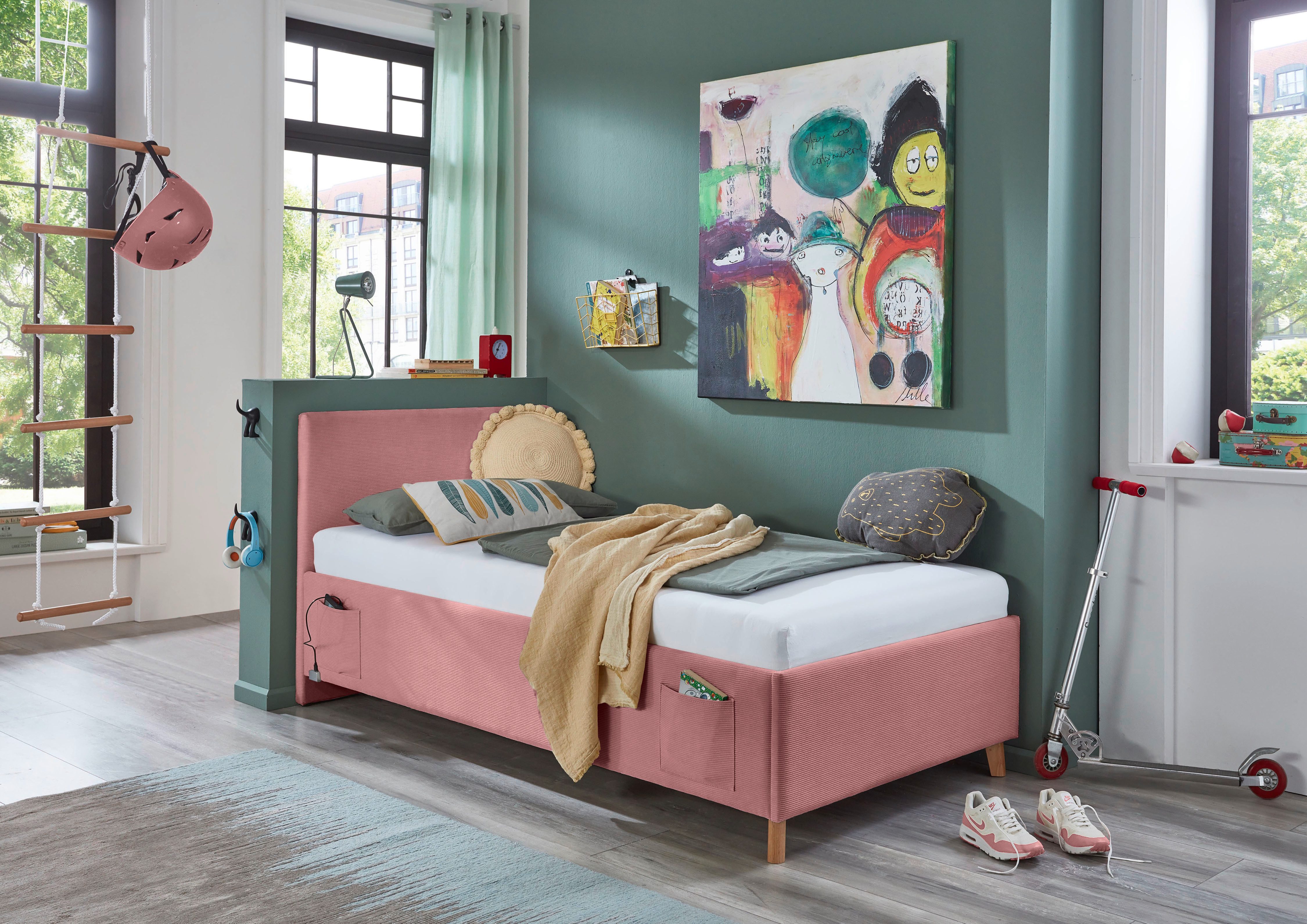 meise.möbel Kinderledikant Blauw Bekleed bed naar keuze met bedkist, tienerbed inclusief USB-aansluiting eenpersoonsbedden roze