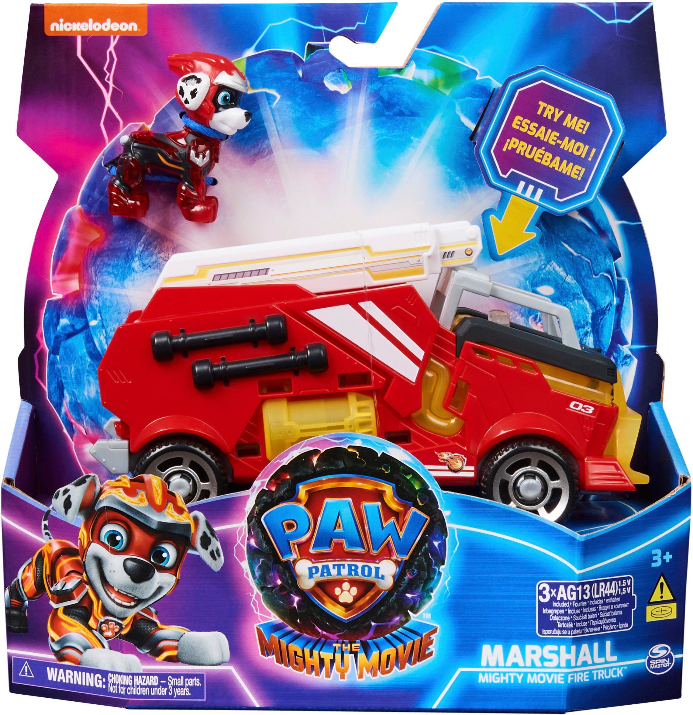 Spin Master Speelgoedauto Paw Patrol - Movie II - Basic Themed Vehicles Marshall van marshall bluseenheid met puppyfiguur, licht- en geluidseffect