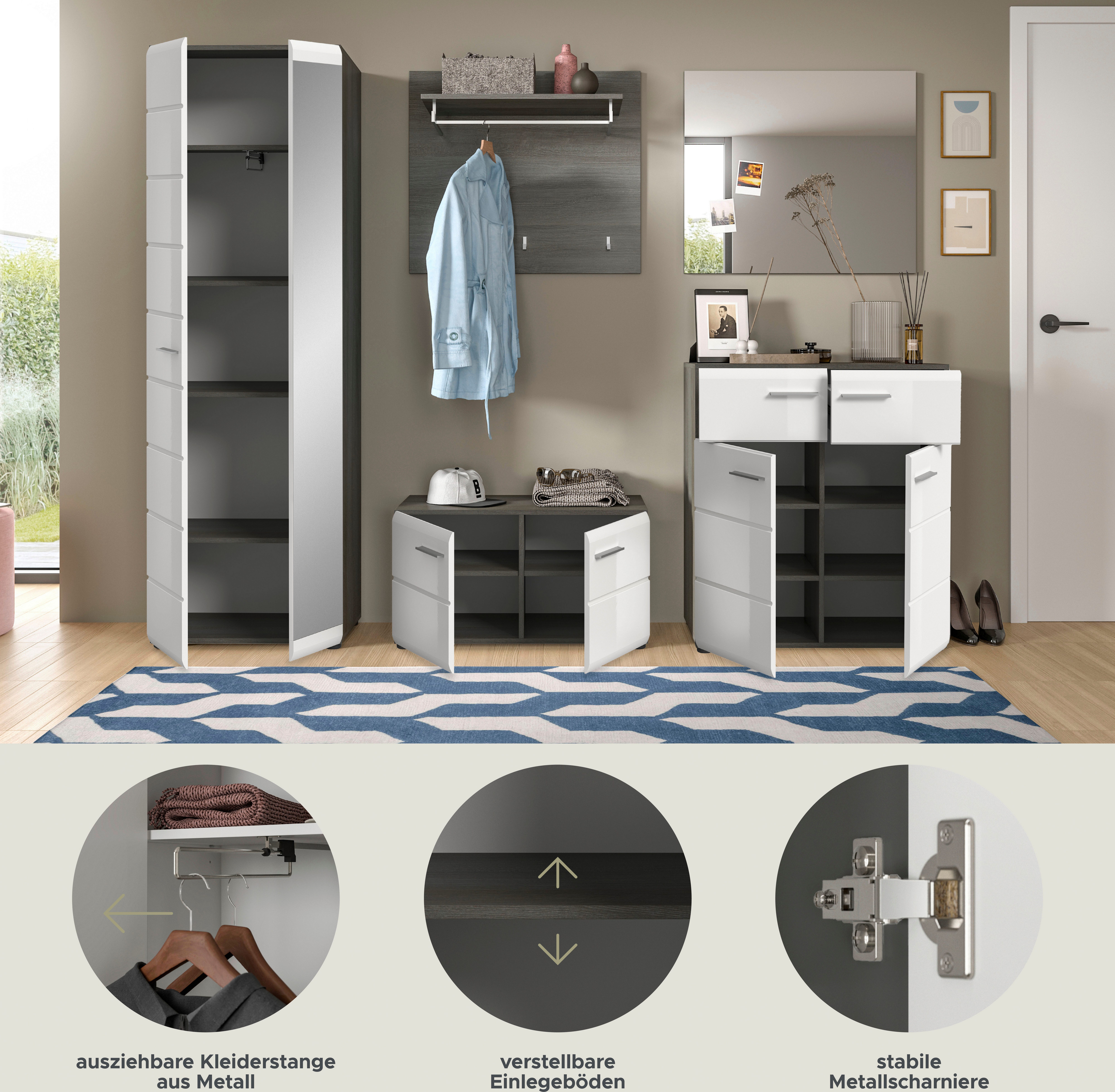 INOSIGN Halmeubelset Rumba, 5-delig, Breedte 250 cm, Hoogglans Front, bestaand uit: Garderobekast, schoenenbank, garderobepaneel, schoenenkast, spiegel (5 stuks)