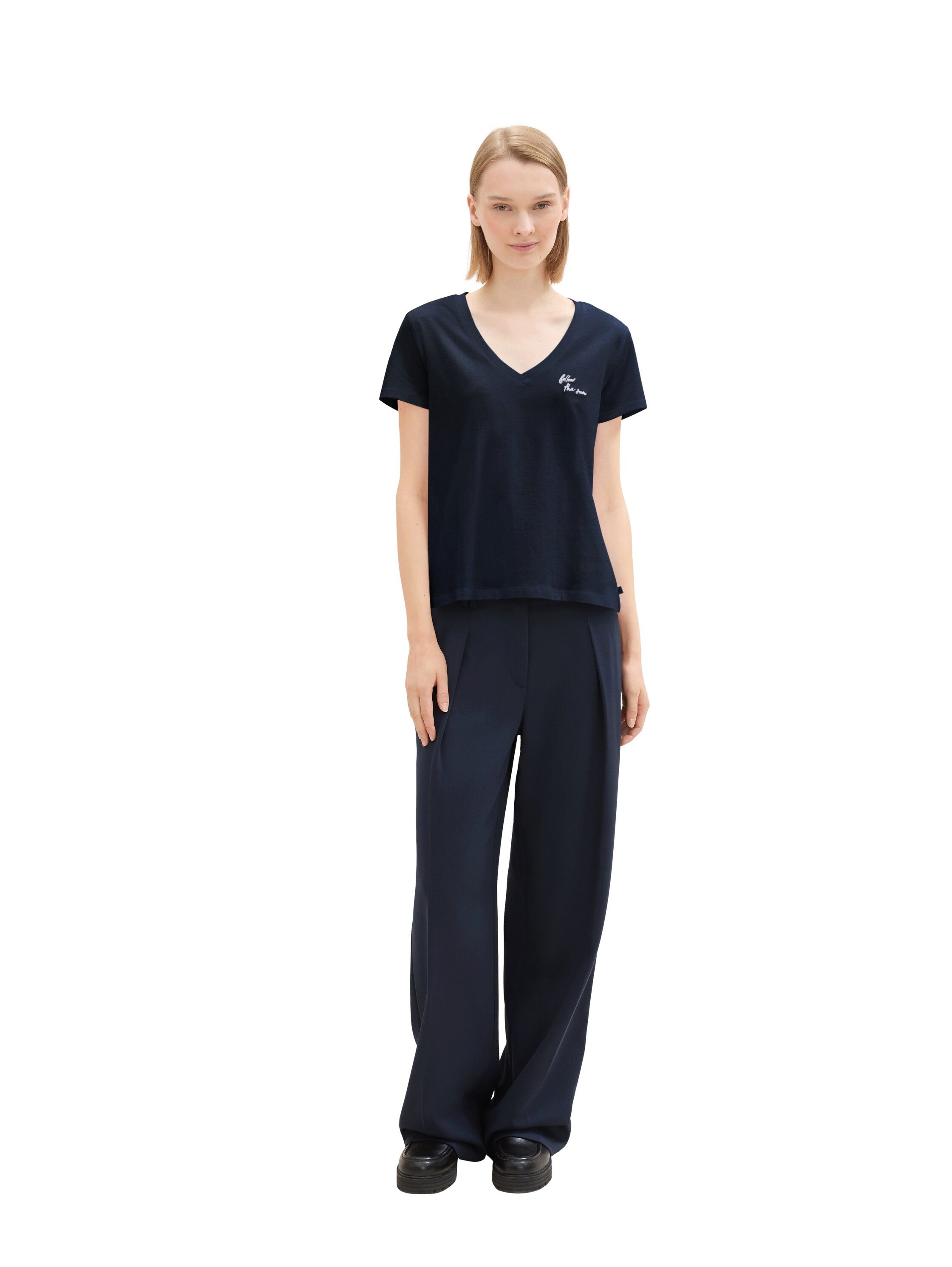 Tom Tailor Denim Shirt met V-hals met statement-prints (set, 2-delig)