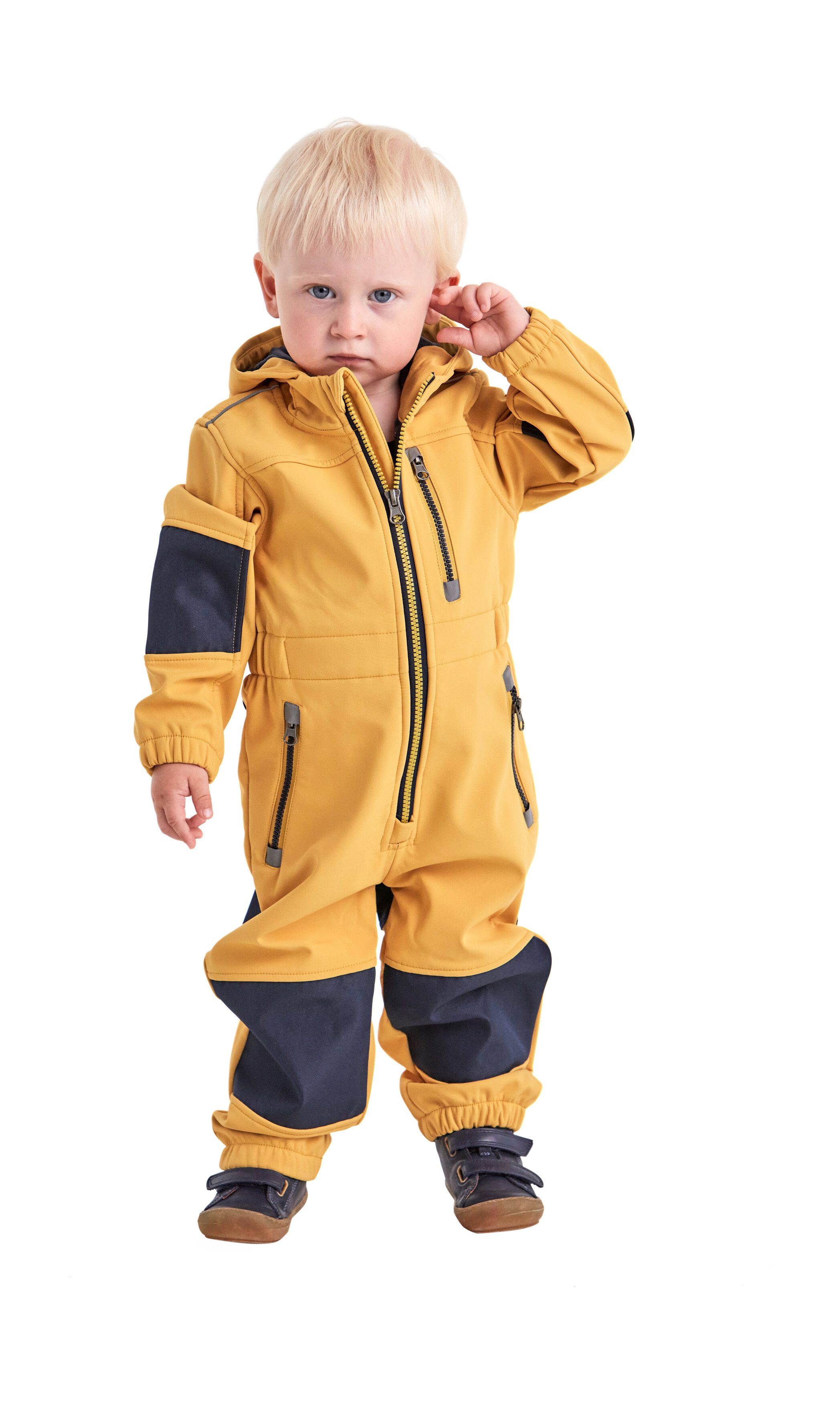 first instinct by killtec Jumpsuit FIOW 35 MNS ONPC Softshellpak met fleece binnenin, waterafstotend, winddicht jongens boxpakjes maat 74/80 geel