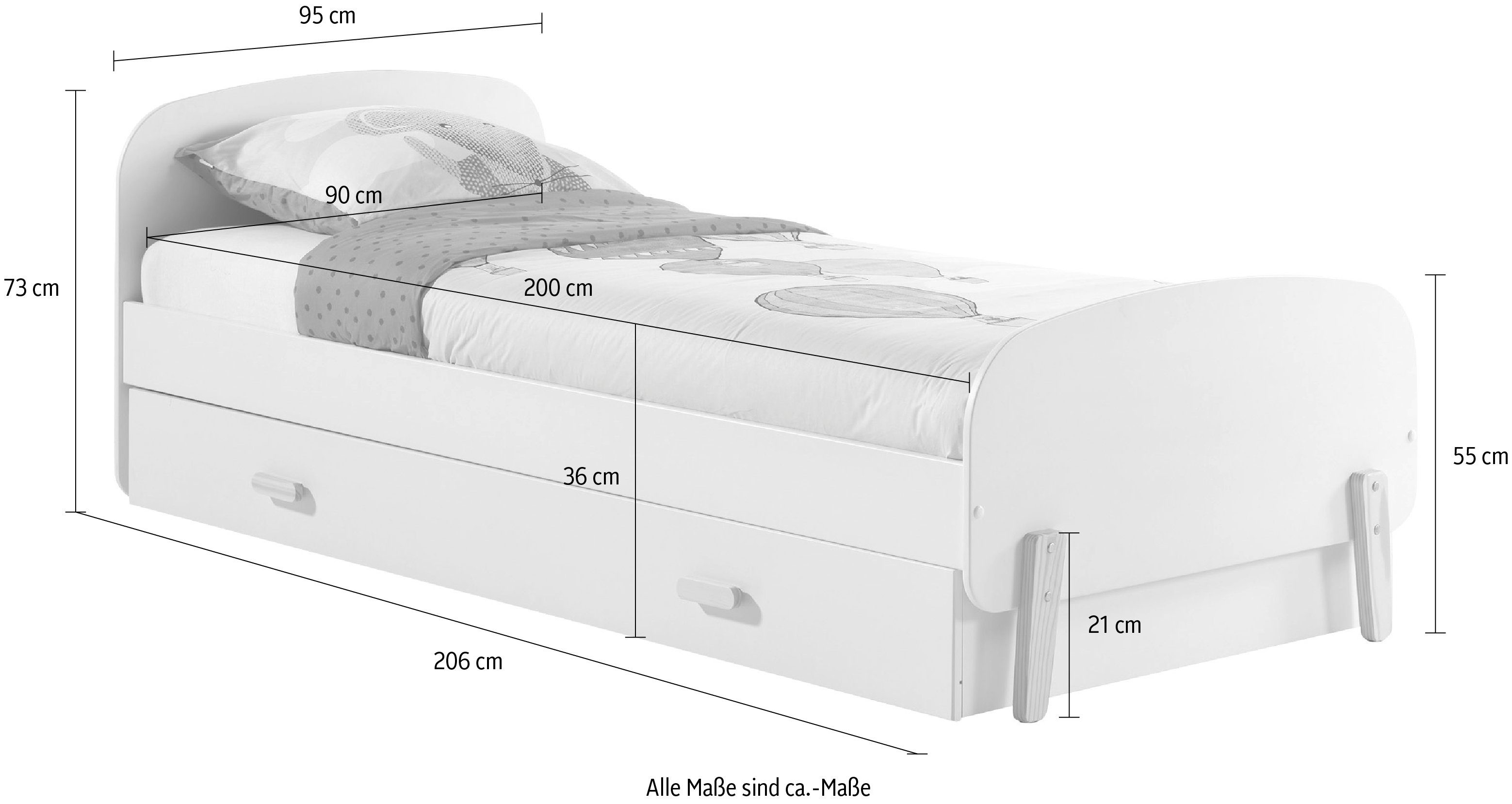 Vipack 1-persoonsledikant Ligoppervlak 90x200 cm met lattenbodem en onderbedlade, wit gelakt
