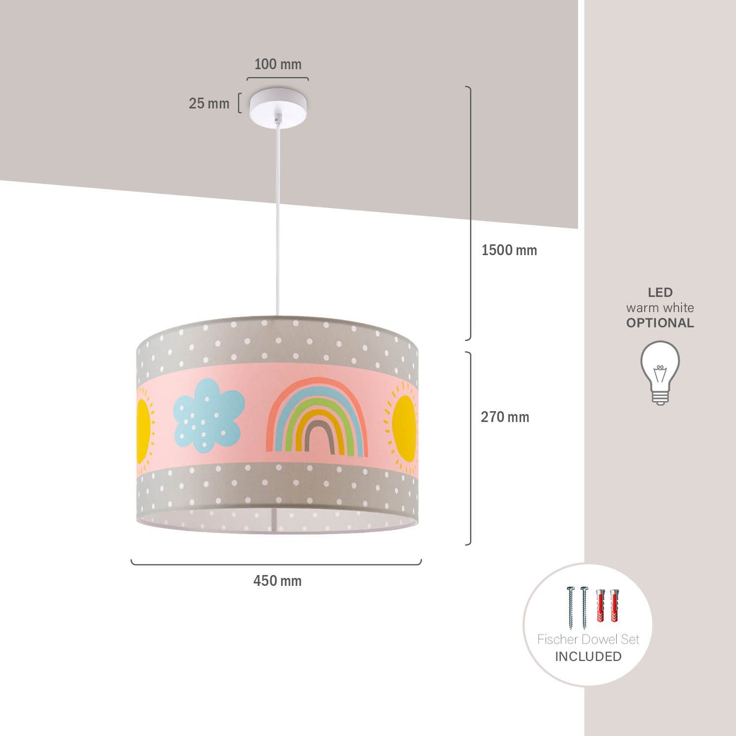 Paco Home Hanglamp Cosmo 962 Lamp kinderkamer plafondlamp regenboog zon roze grijs wit E27
