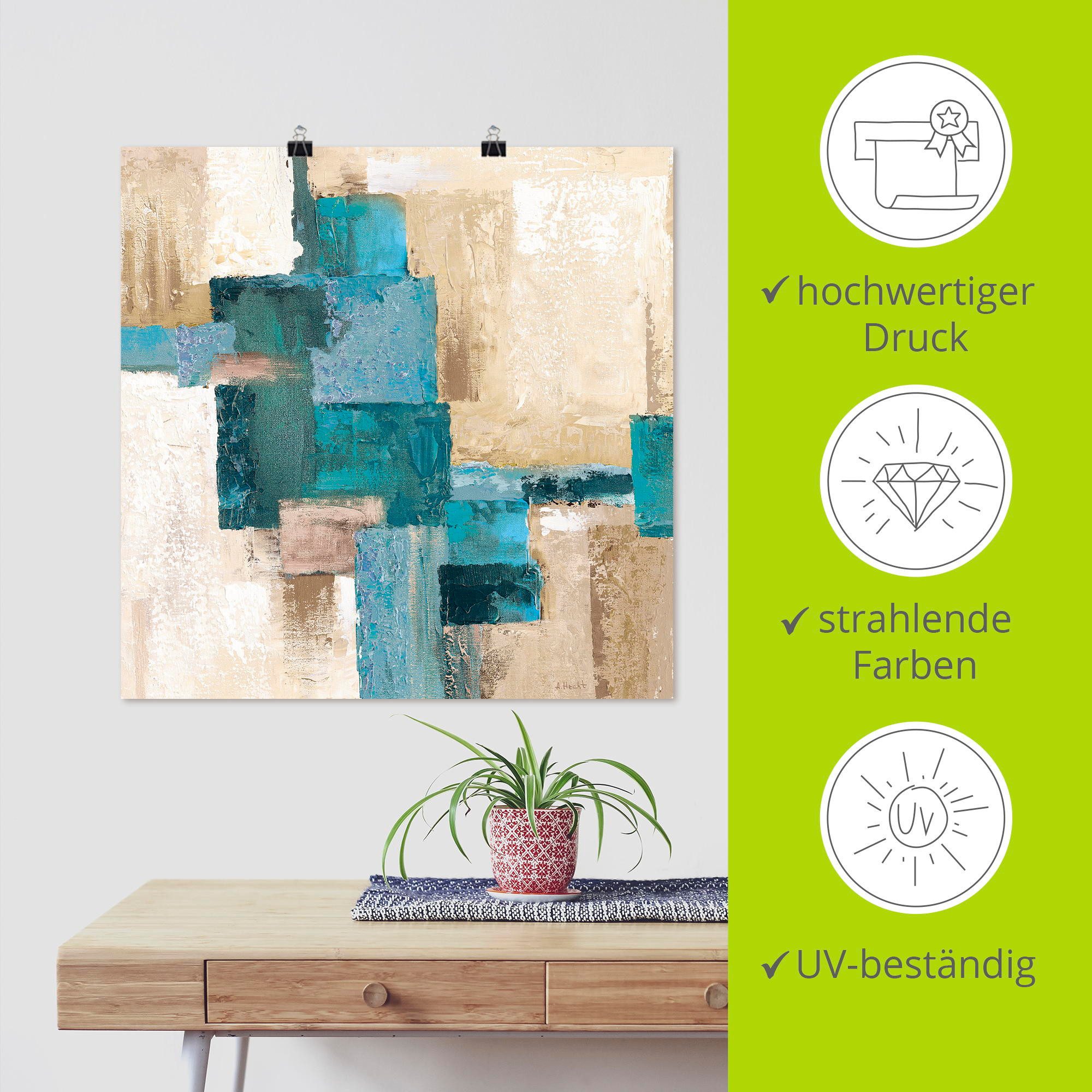Artland Artprint Abstracte ruiten beige-turquoise als artprint van aluminium, artprint voor buiten, artprint op linnen, poster in verschillende maten. maten