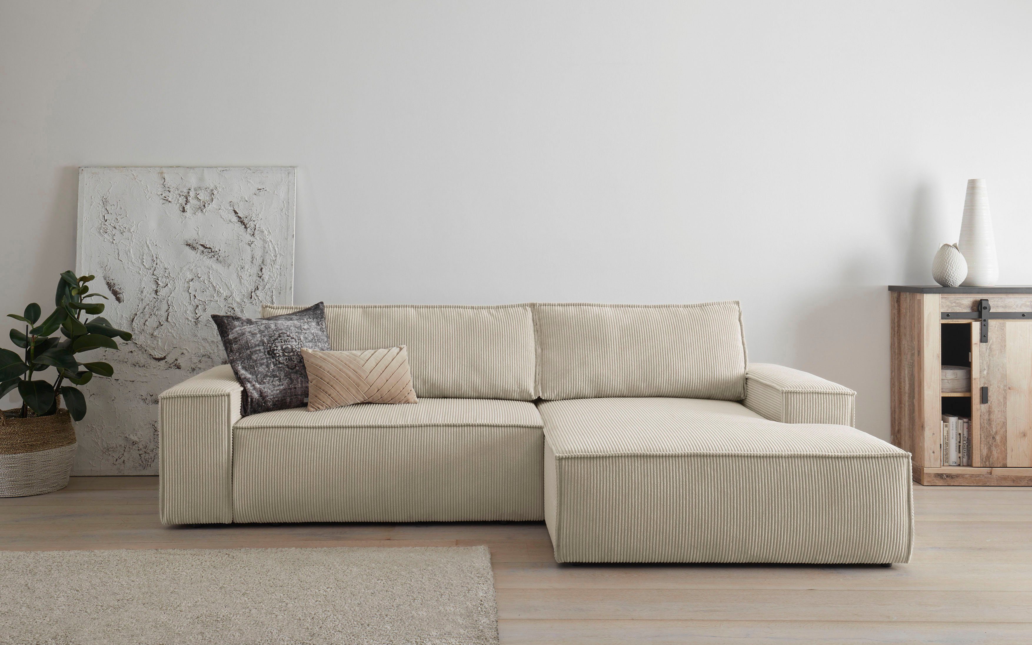 Home affaire Hoekbank SHERWOOD bedbank 267 cm, L-model, Slaapfunctie met bedlade (210x136 cm), cord, vintage, fluweel