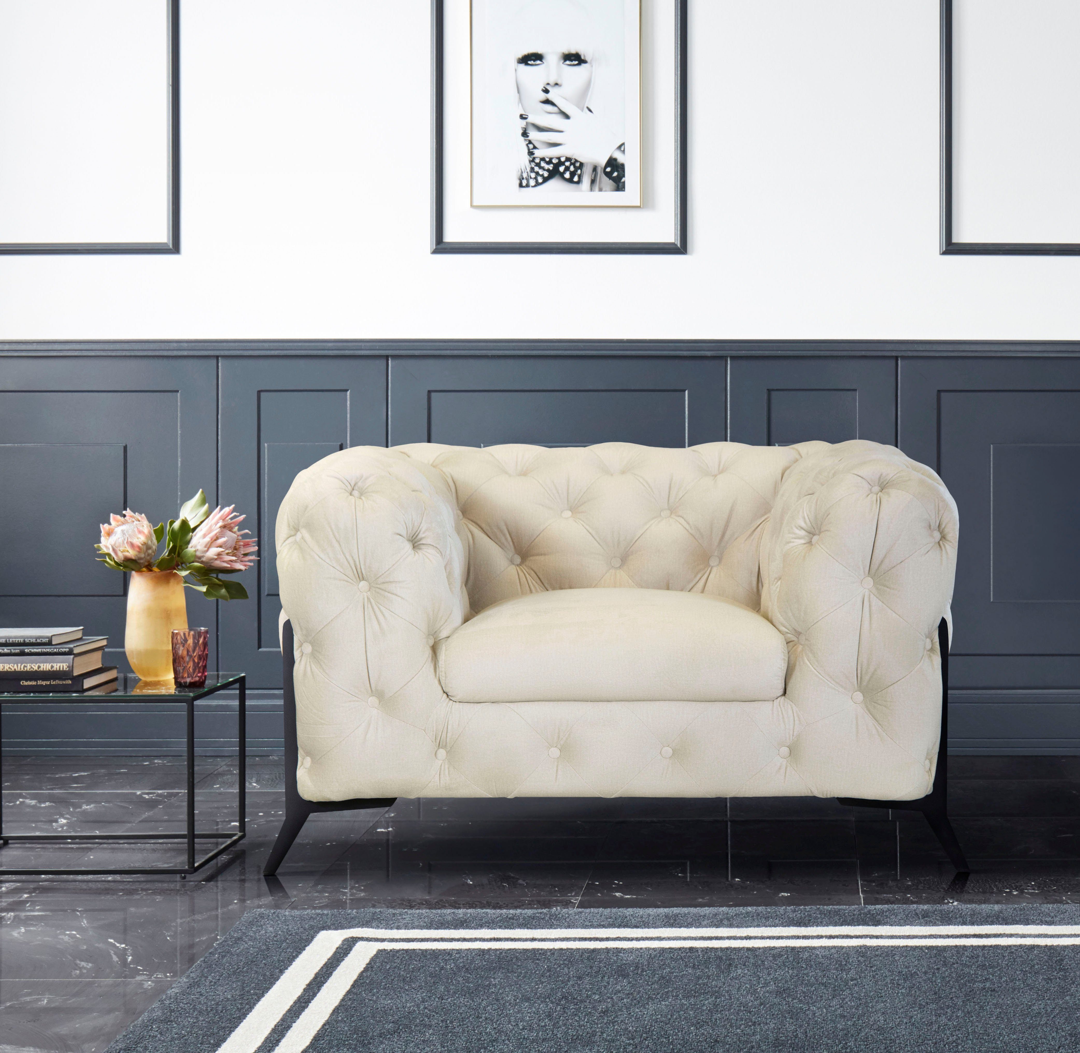 Leonique Chesterfield-fauteuil Amaury Fauteuil luxueuze capitonnage, moderne chesterfield look, kleur van de poten ter keuze