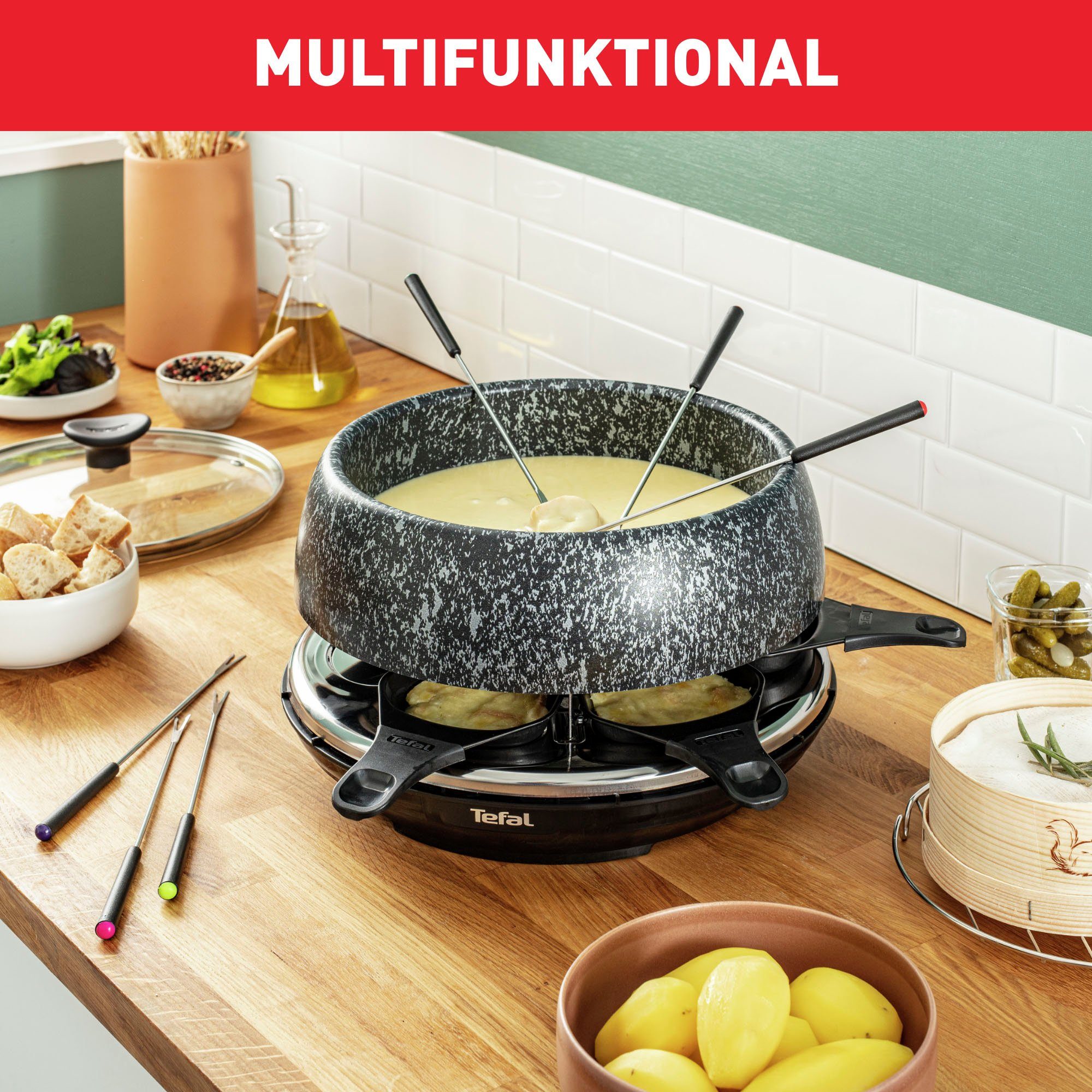 Tefal Raclette en fondueset Cheese 'n Co, 6 raclettepannetjes, 850 W, voor 6 personen,