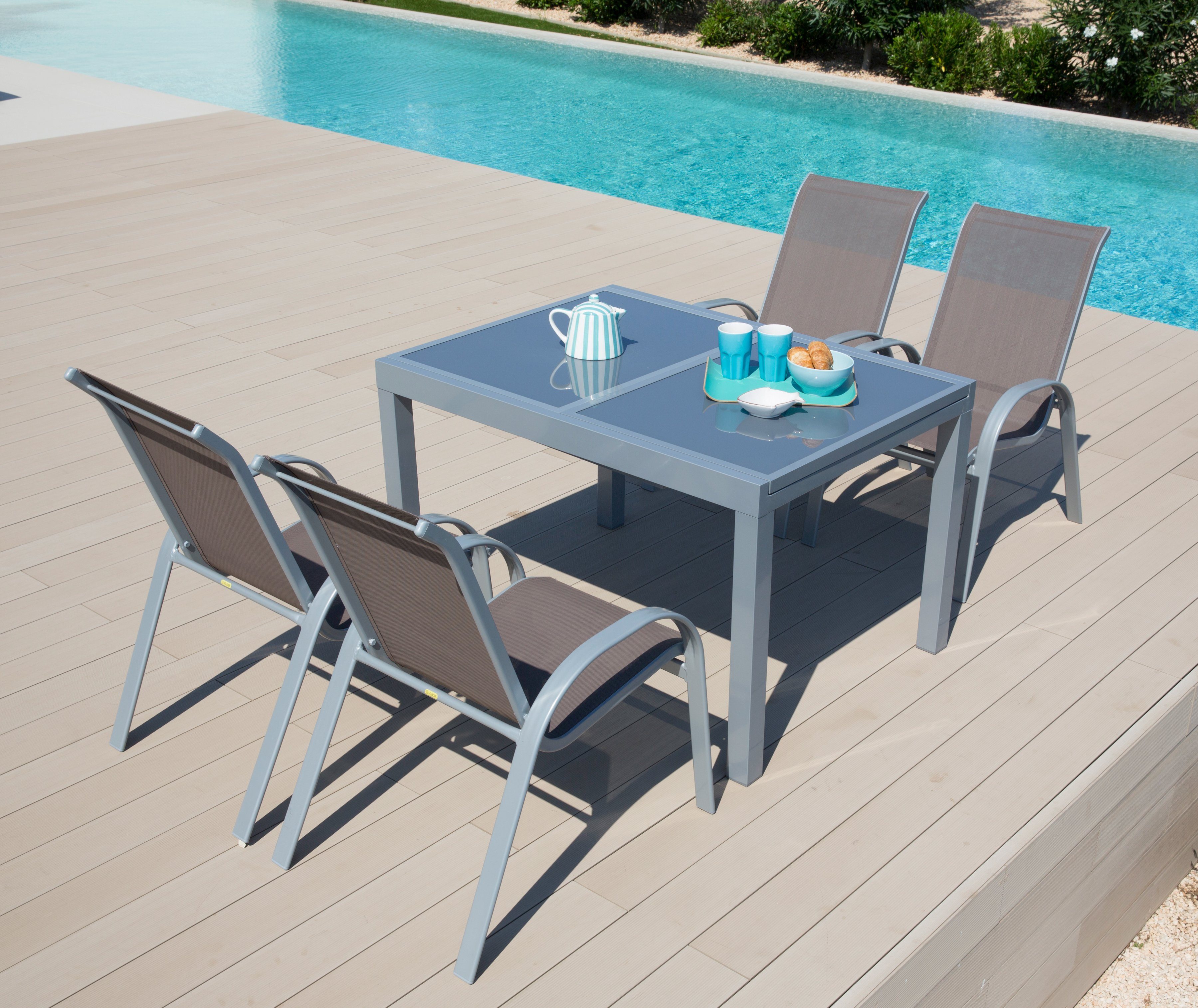 MERXX Tuin-eethoek Amalfi 4 stoelen, uitschuifbare tafel 90 x 120-180 cm, aluminium/textiel (5-delig)