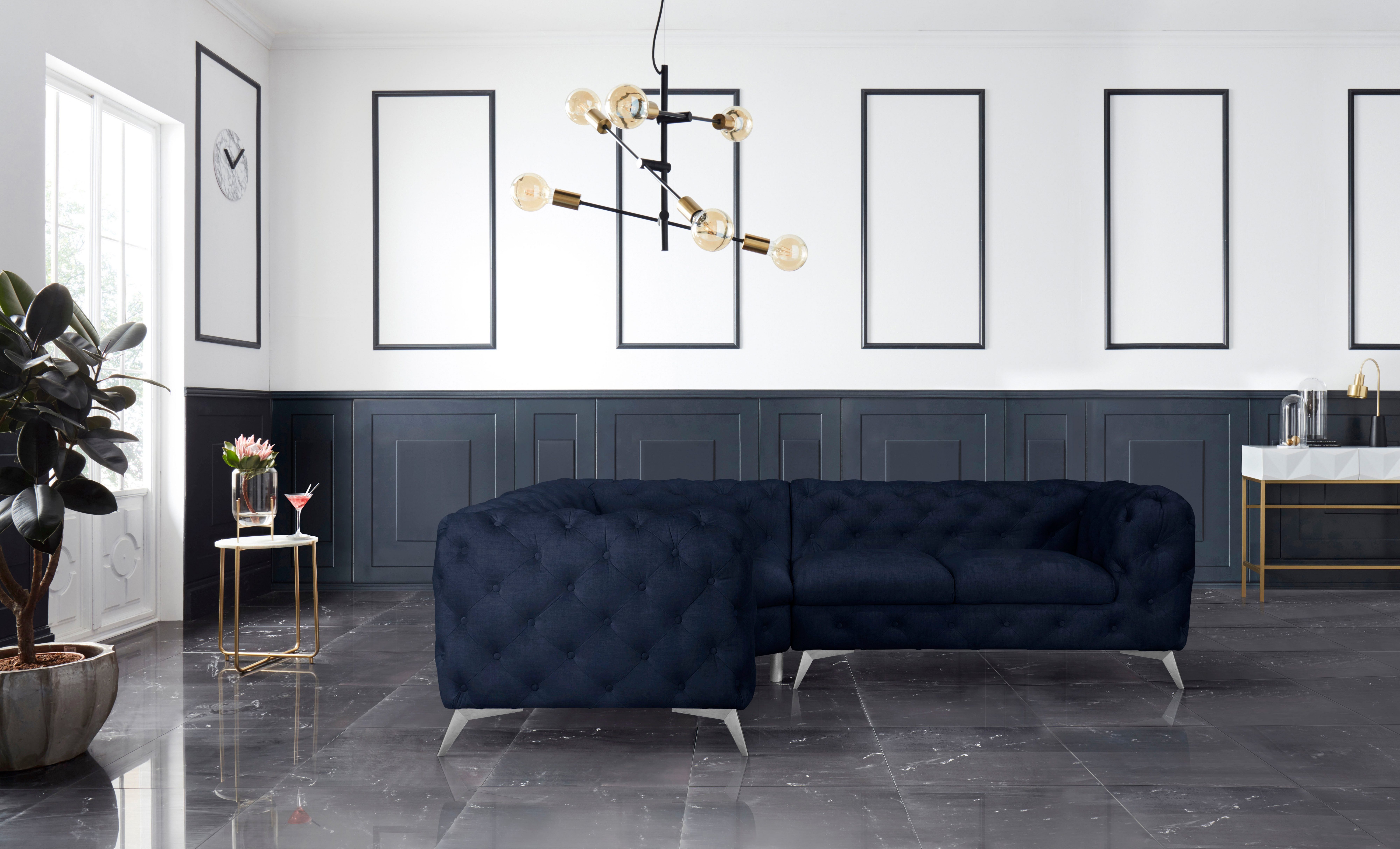 Leonique Chesterfield-bank Glynis L-vorm luxueuze capitonnage, moderne chesterfield look, kleur van de poten ter keuze