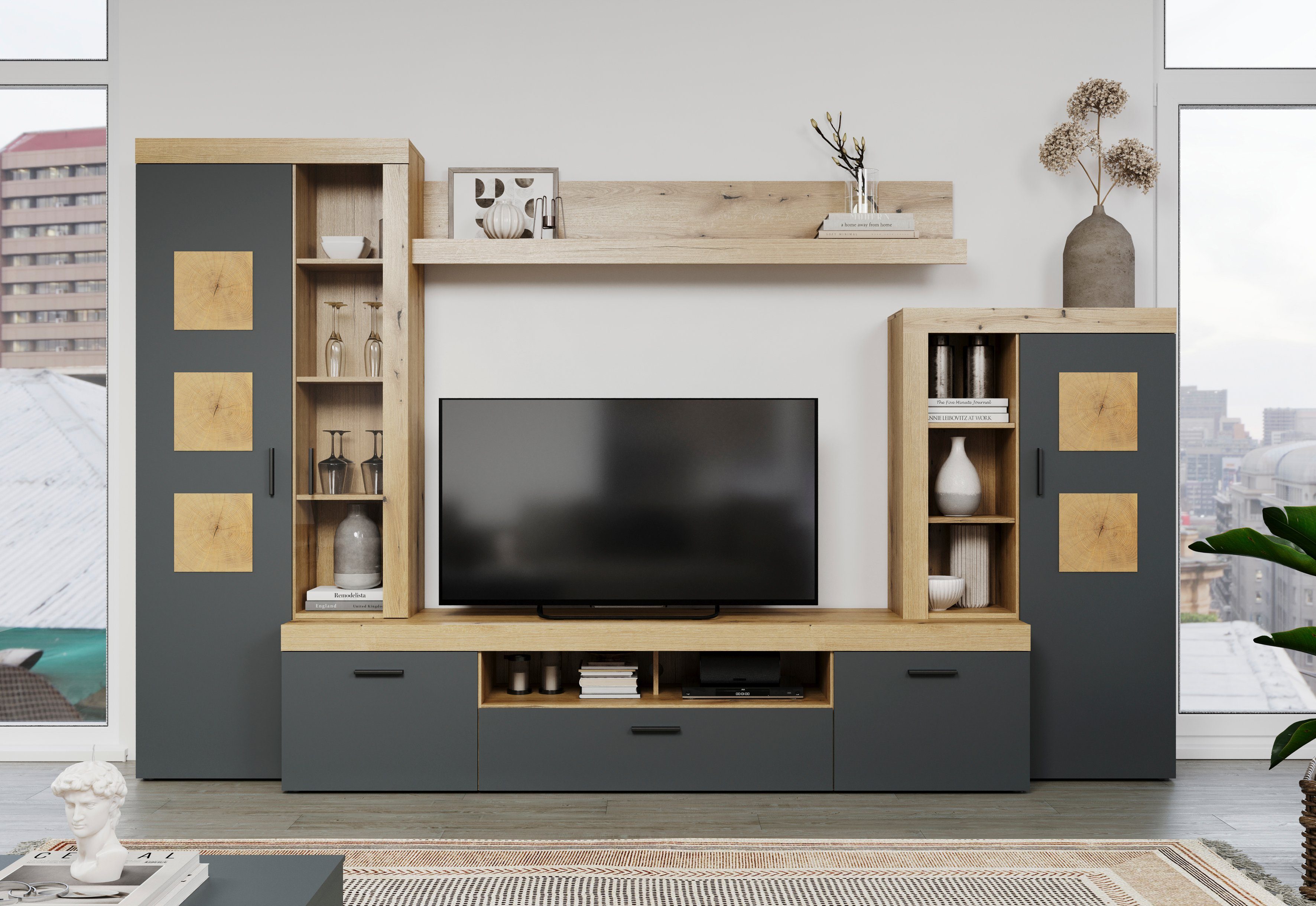 Home affaire Wandmeubel Gent Met applicaties van kopshout - gemonteerd (bxdxh): 331x52x206 cm (complete set, 4-delig)