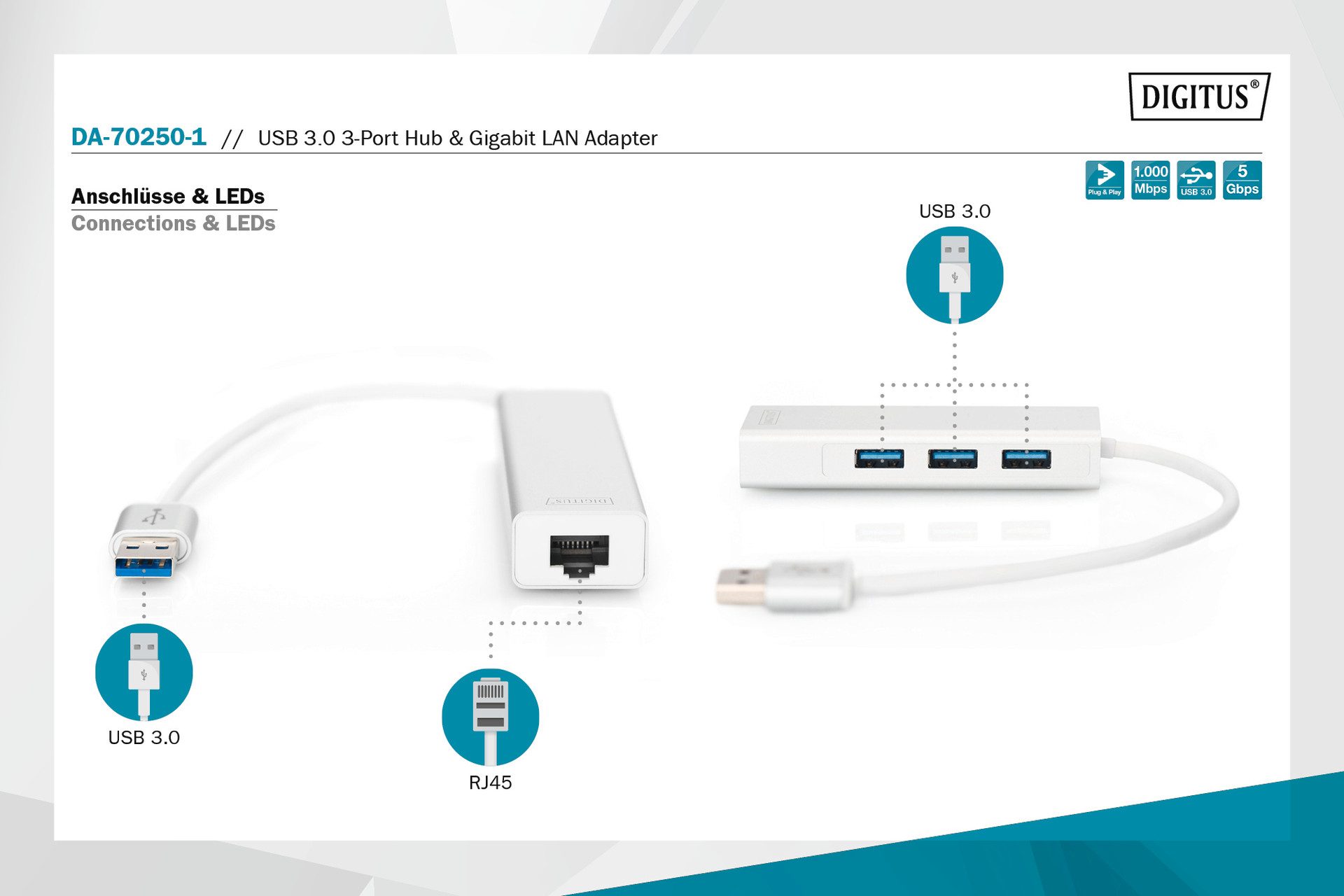 Digitus Laptop-dockingstation USB 3.0 3-Port Hub & Gigabit LAN-Adapter
