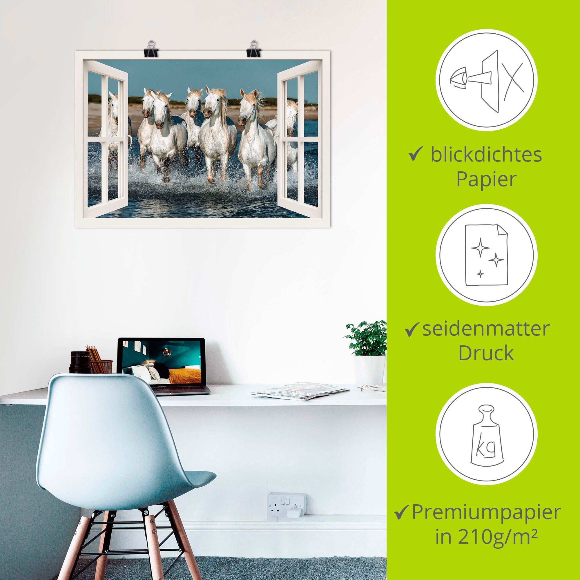 Artland Poster Blik uit het venster paarden op het strand als artprint van aluminium, artprint op linnen, muursticker of poster in verschillende maten