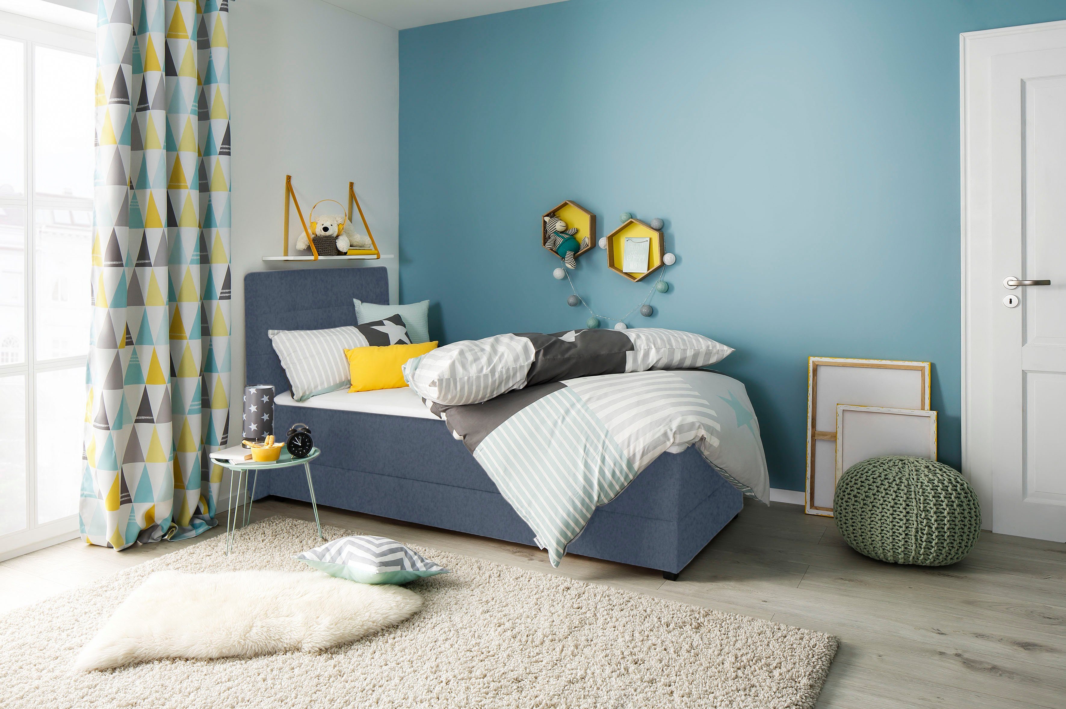 Lüttenhütt Boxspring Mieke incl. bedkist en topmatras, bekleding geïmpregneerd, 2 breedtes boxsprings blauw
