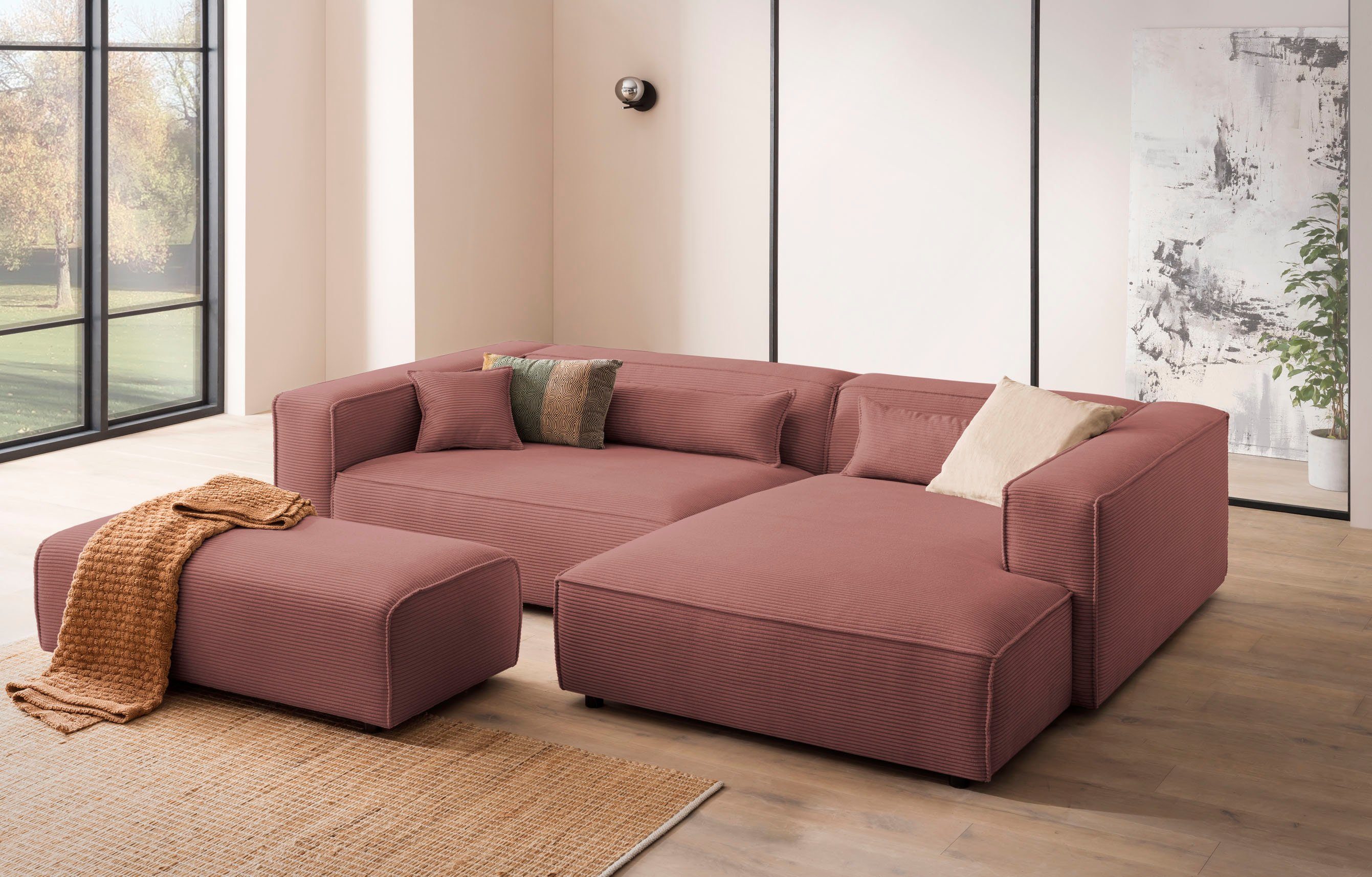 LeGer Home by Lena Gercke Hocker PIARA, poef met biesnaad in cord of linnenlook bij de serie piara, rechthoekig, zwarte voeten, comfortabel zitcomfort