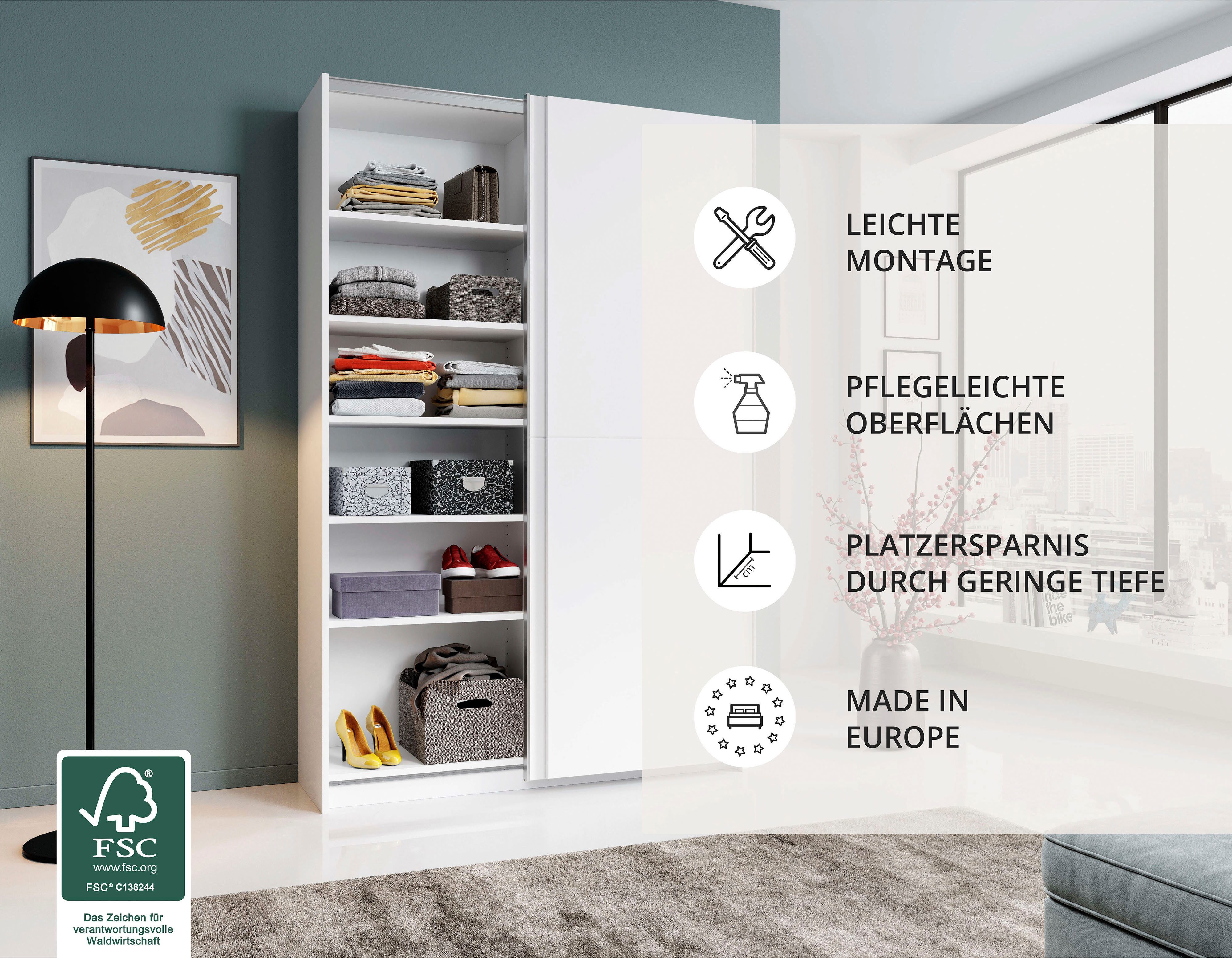 Schlafkontor Schuifdeurkast Heimo/Fast kast kledingkast garderobe OTTO´s CHOICE weinig diepte, uitschuifbare kledingstang, garderobekast, 6 planken