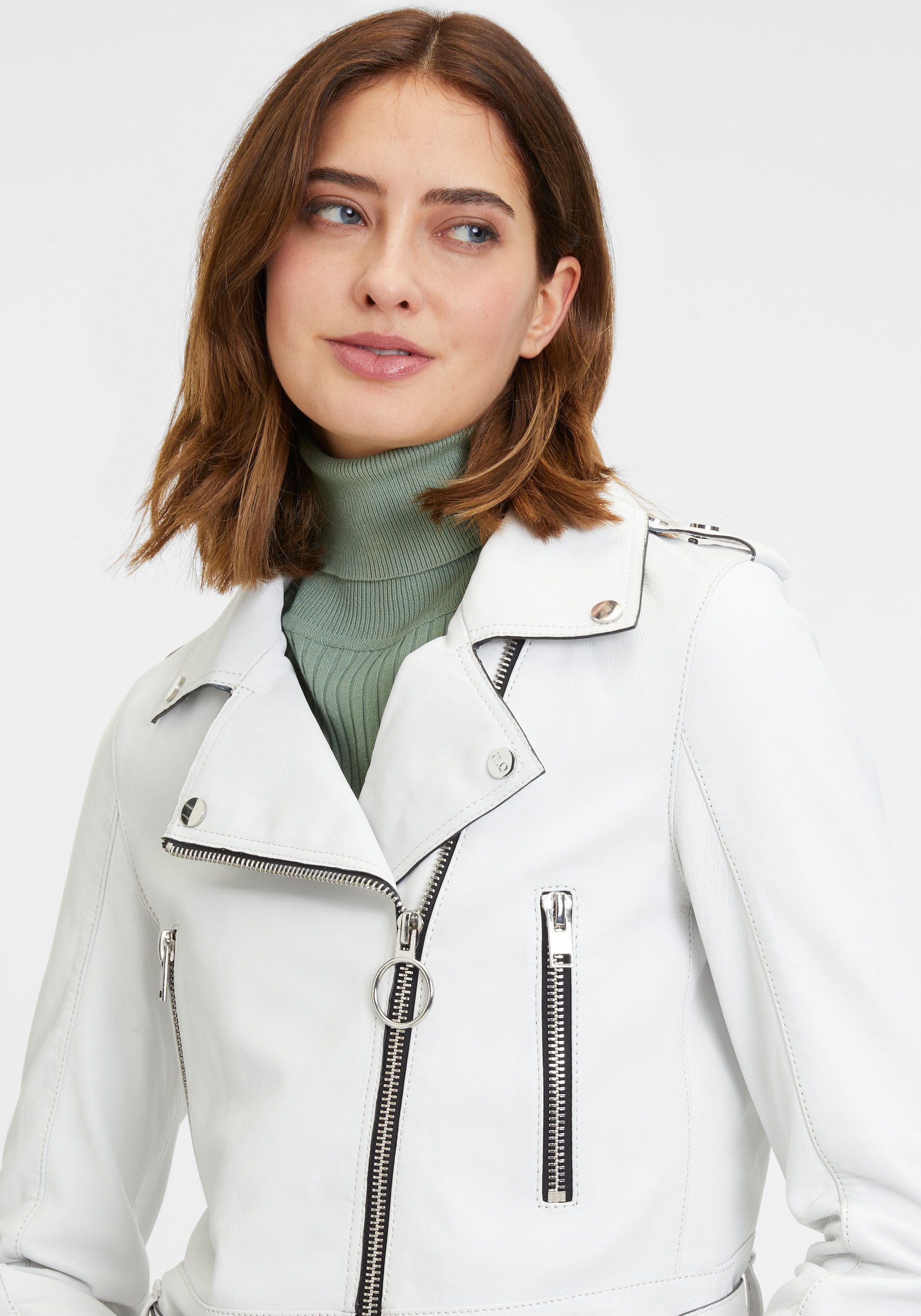 Mauritius Leren jack G2WCelin SF met asymmetrische rits, riem, ritssluiting details