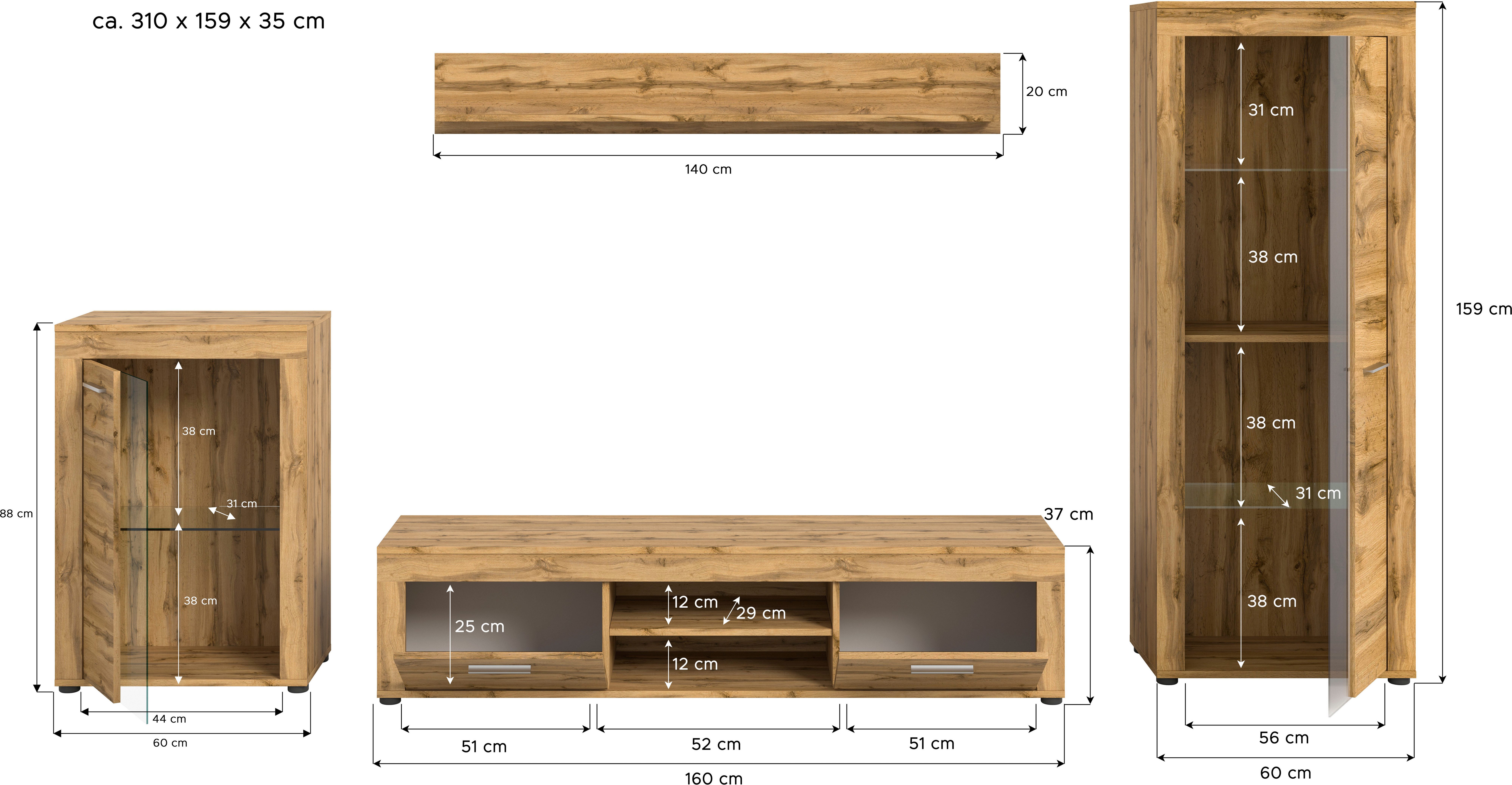INOSIGN Wandmeubel Aosta, 4-delig, bestaande uit: vitrinekast, lowboard, wandplank & hoge vitrinekast (4 stuks)