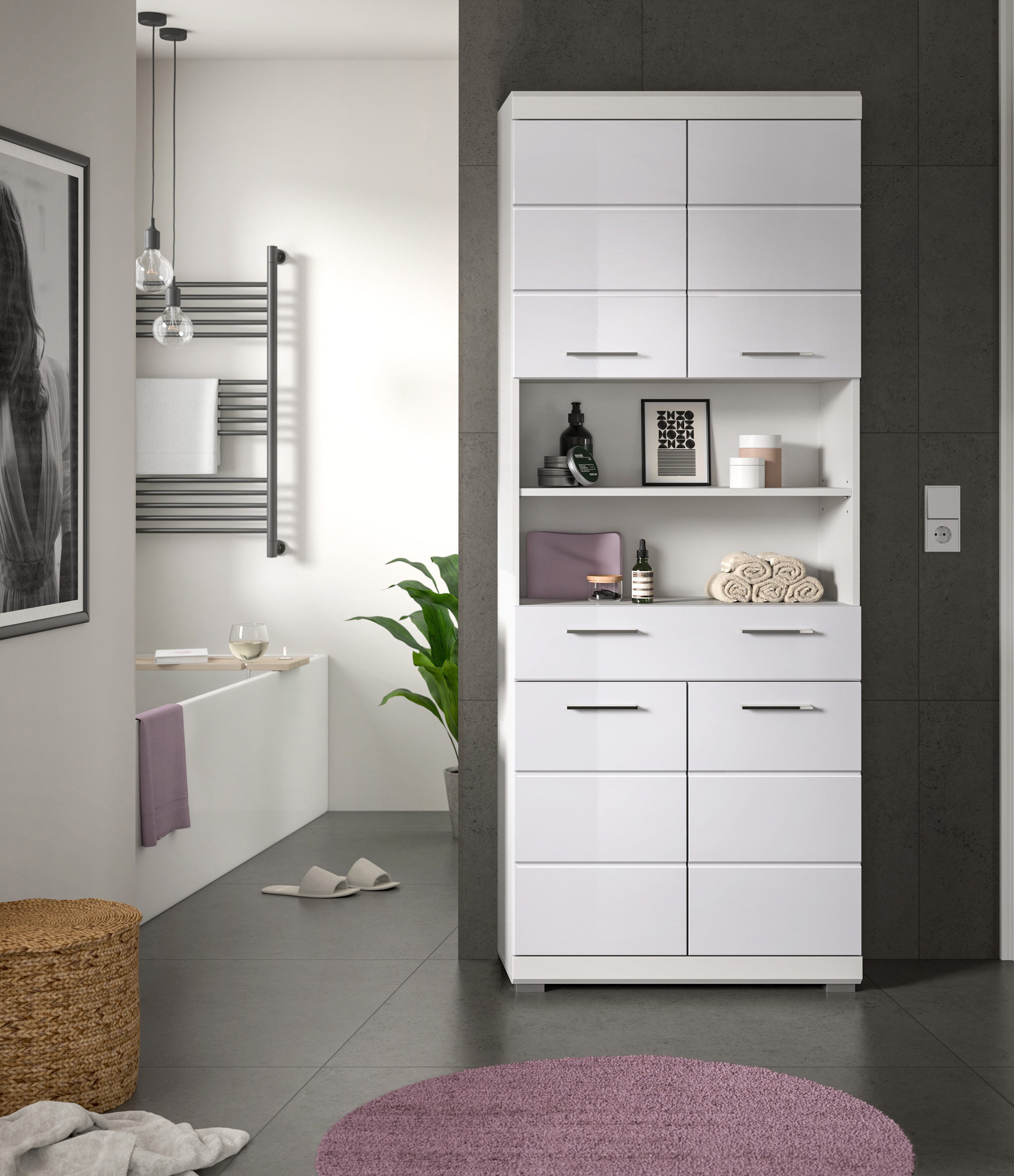 INOSIGN Hoge kast Siena, breedte 74 cm, 4 deuren, 1 lade, 2 open vakken, MDF-front in verschillende kleuren verkrijgbaar, badkamermeubels, badkamerkast, kast, badkamer