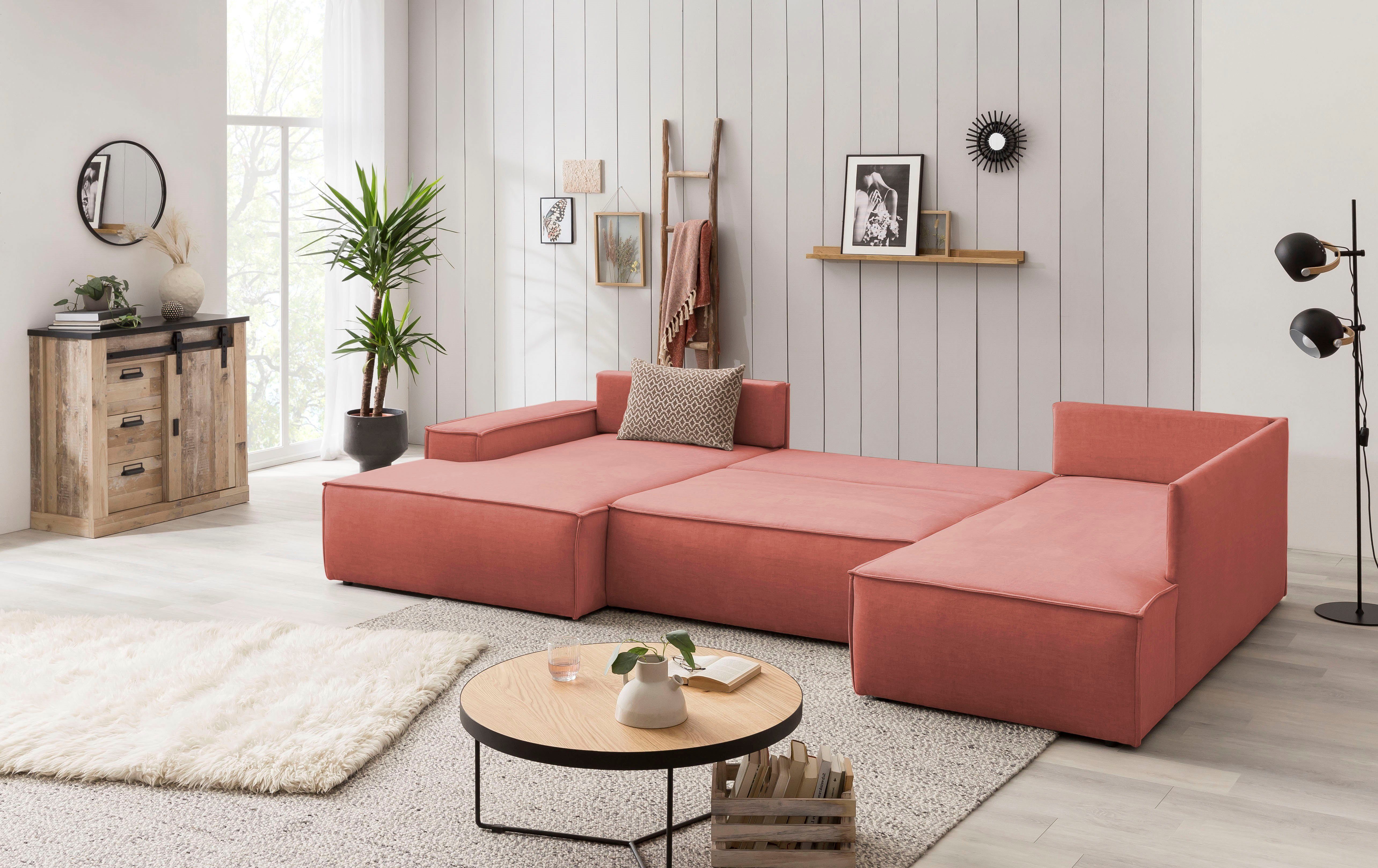 Home affaire Zithoek SHERWOOD 329 cm, U-vorm, slaapbank, Slaapfunctie met bedkist (194x139 cm), cord, vintage, fluweel