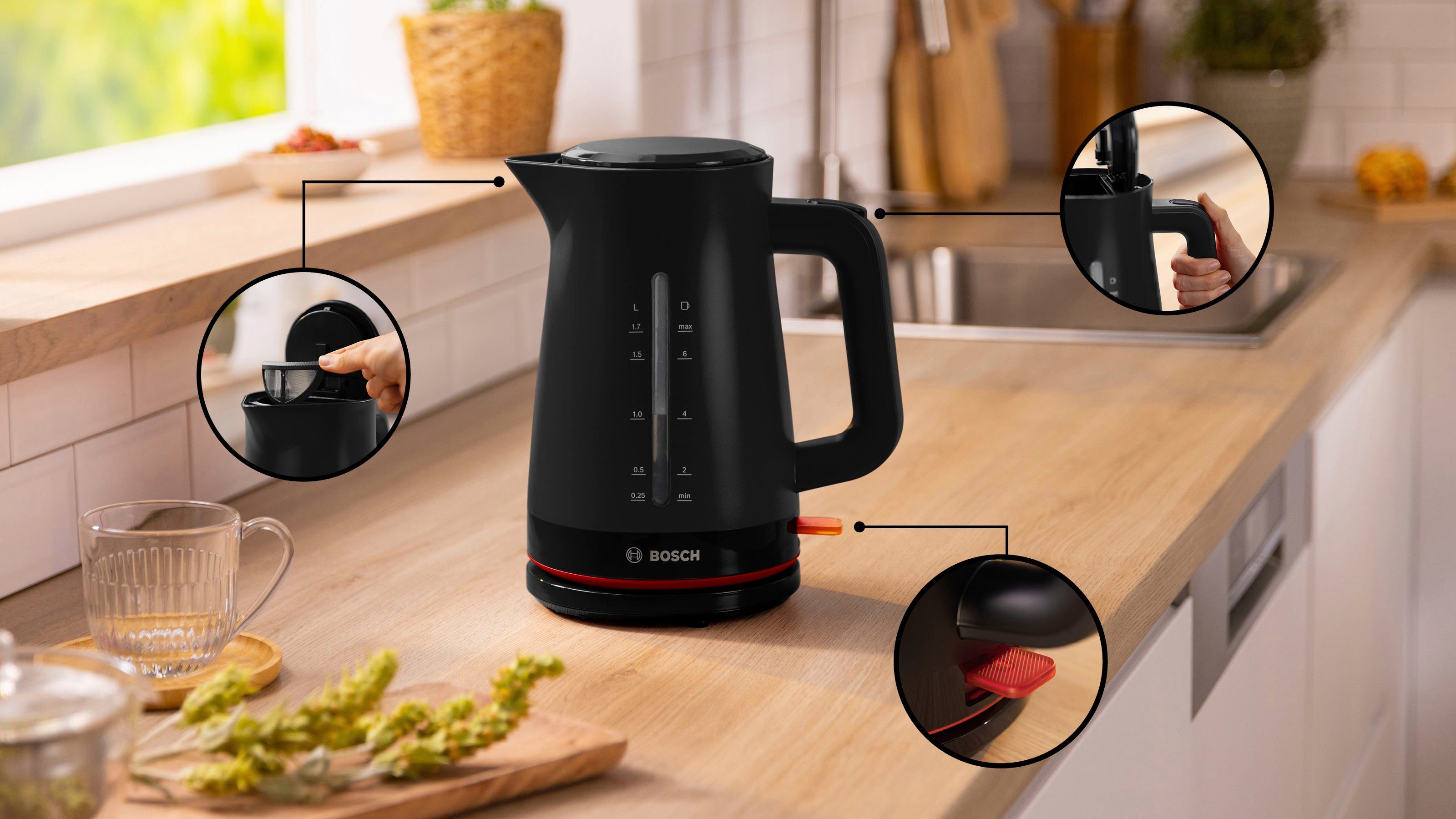 BOSCH Waterkoker MyMoment TWK3M123, 1,7 l, Automatische uitschakeling, kopjesweergave, aan beide kanten waterniveauaanduiding