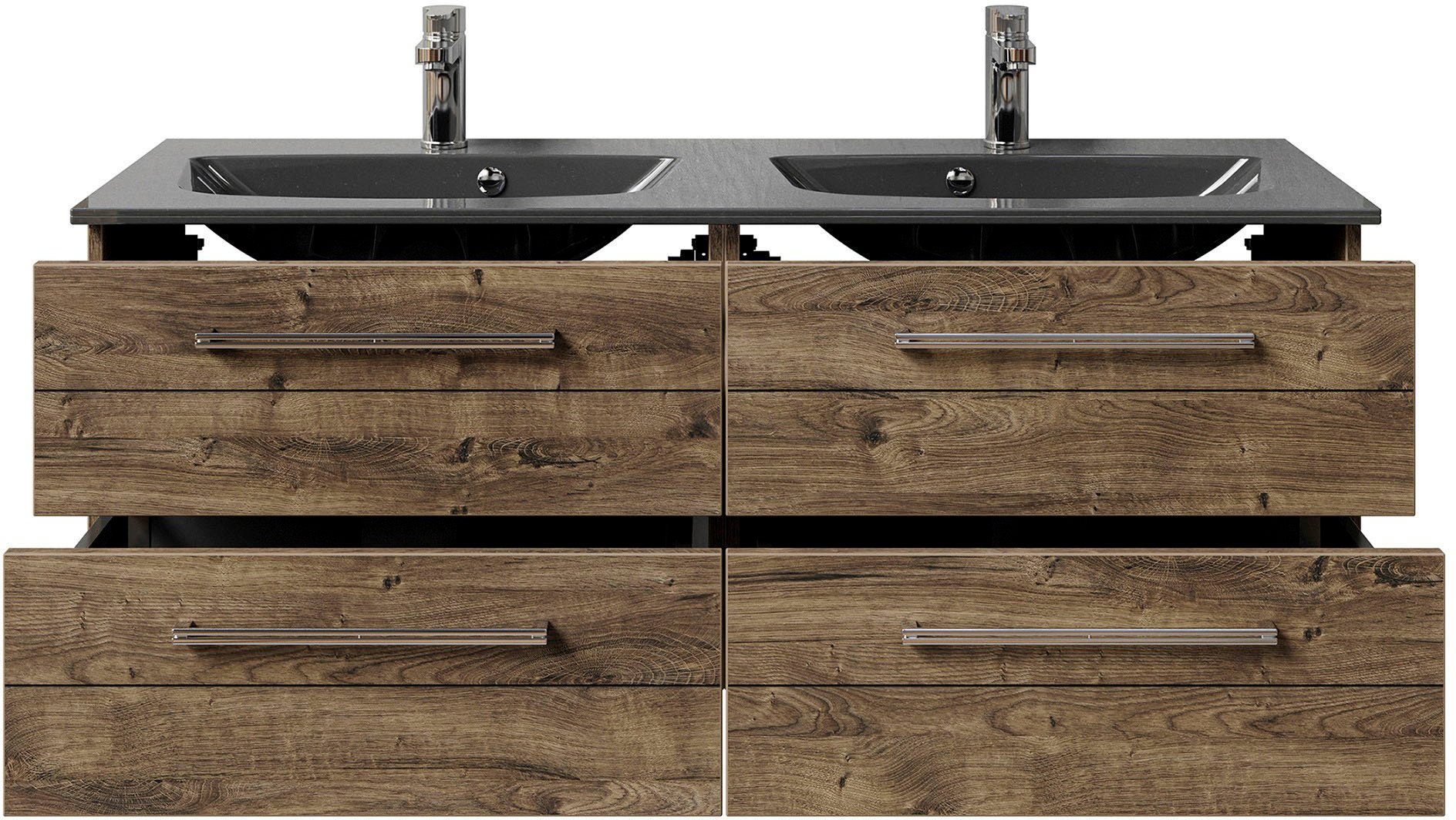 Saphir Wastafelonderkast Serie 6025 mineraalmarmeren wastafel met onderkast, 132 cm breed Dubbele wastafel met 4 lades, hangend, verschillende uitvoeringen (2-delig)