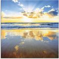 artland print op glas zonsopkomst boven de oceaan blauw