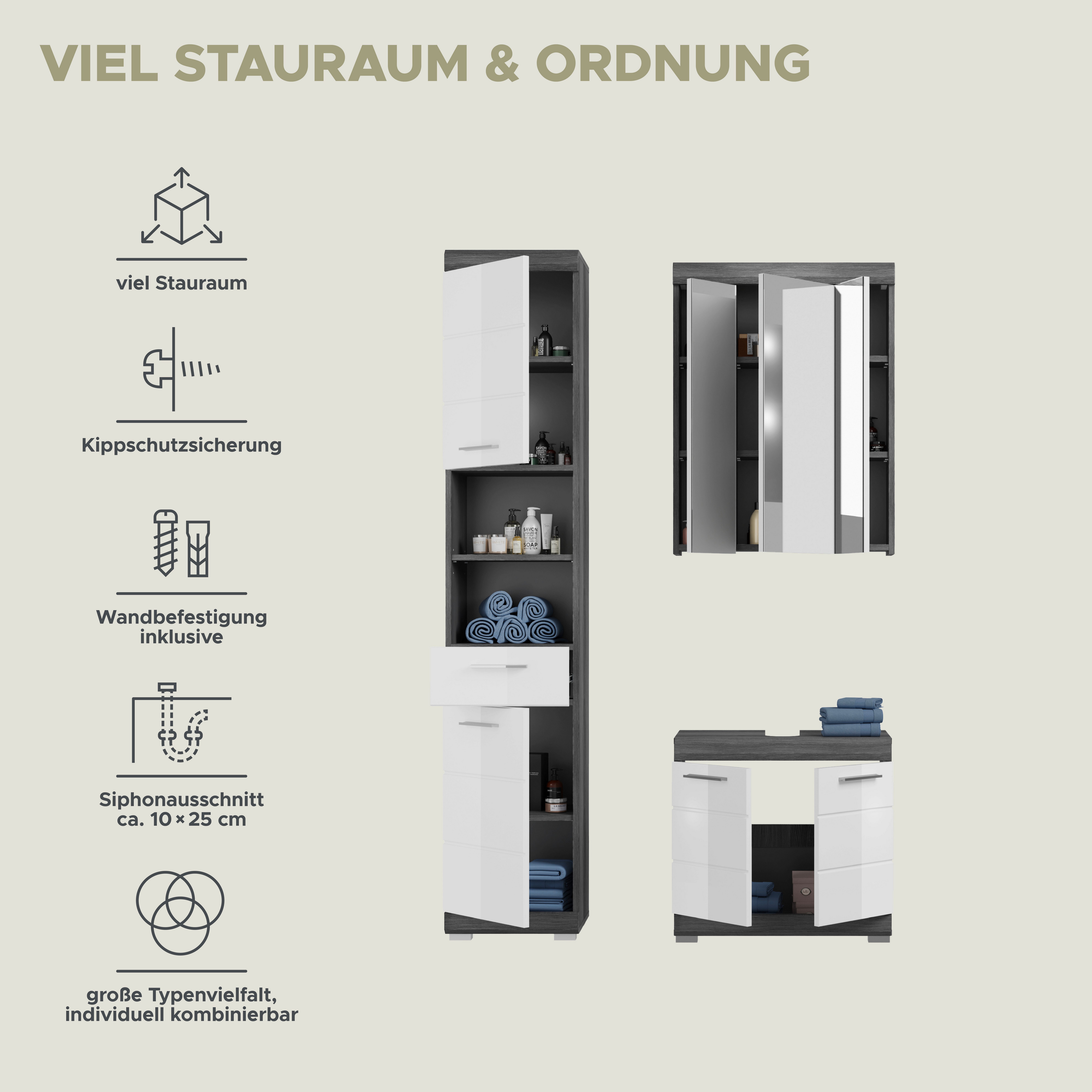 INOSIGN Badkamerserie Siena, 3-delig, bestaande uit: Hoge kast, wastafelonderkast, spiegelkast (set, 3-delig)