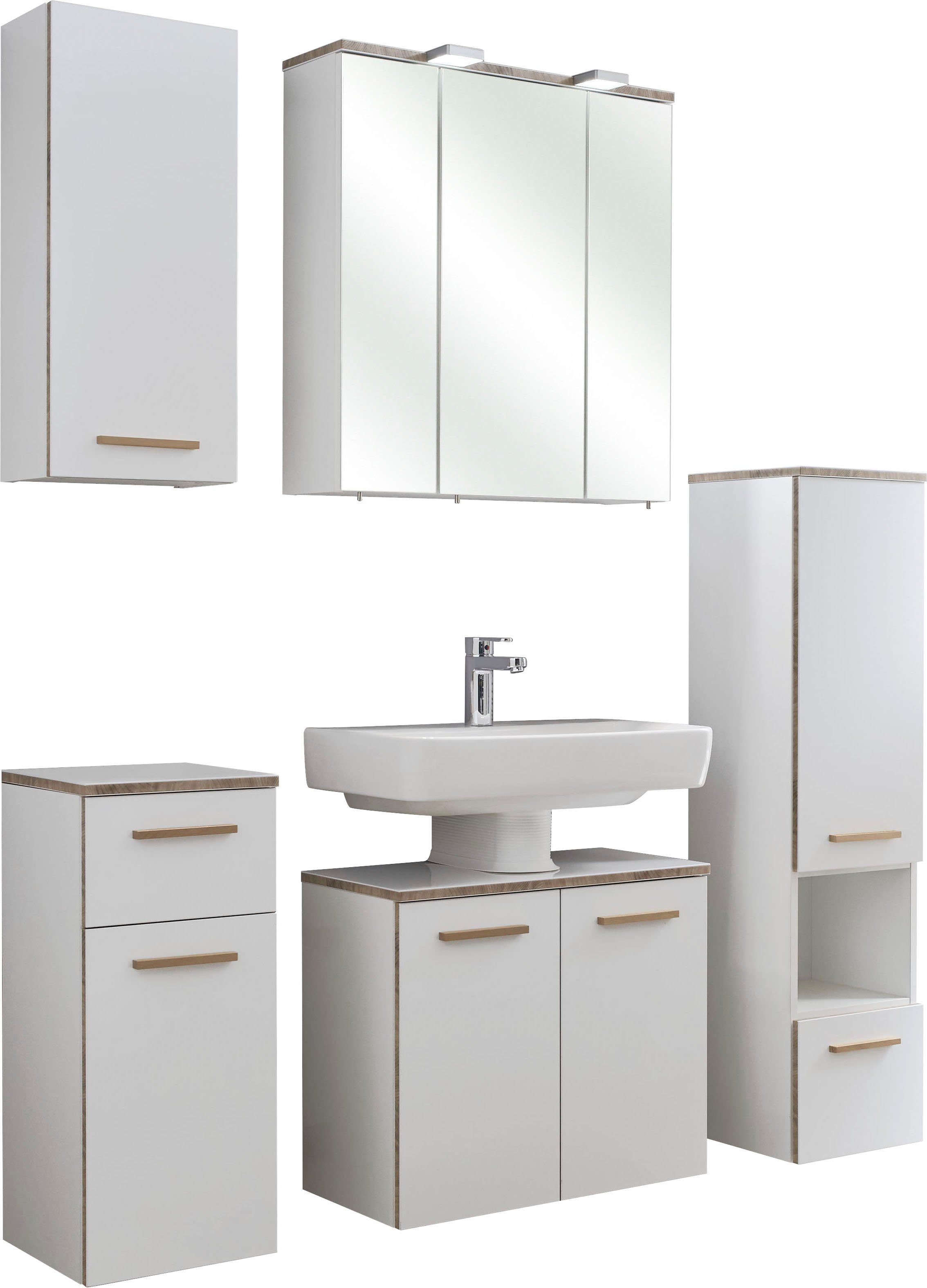 Saphir Badkamerserie Quickset 931 5-delig, wastafelonderkast met LED-spiegelkast Middel kast, onderkast, hangkast, incl. deurdemper, wit glanzend