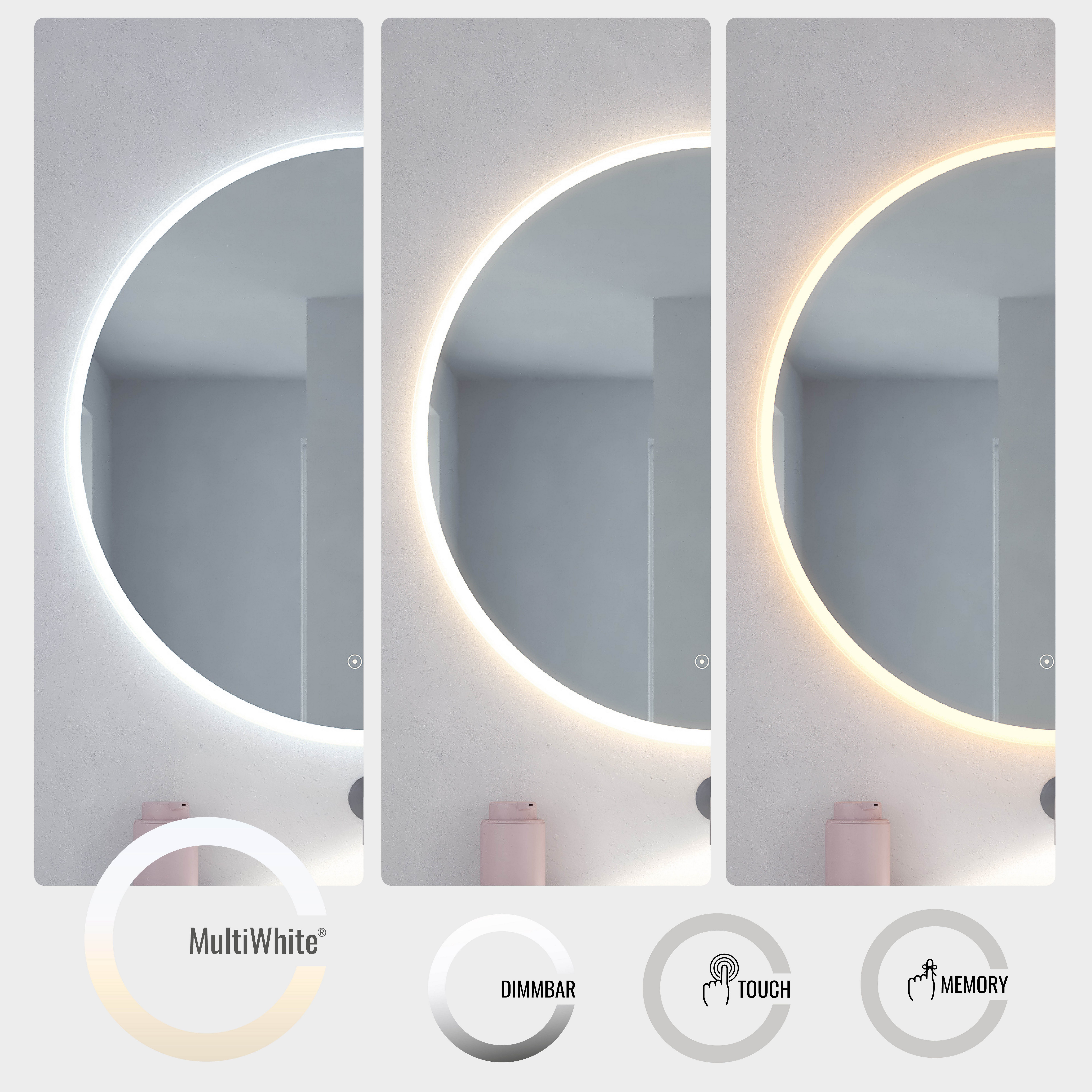 Loevschall Badspiegel Aalborg LED energiebesparende spiegel, rond, touchbediening, Touchpanel voor Lichtbediening, Verstelbare Spiegel, MultiWhite® (1 stuk)