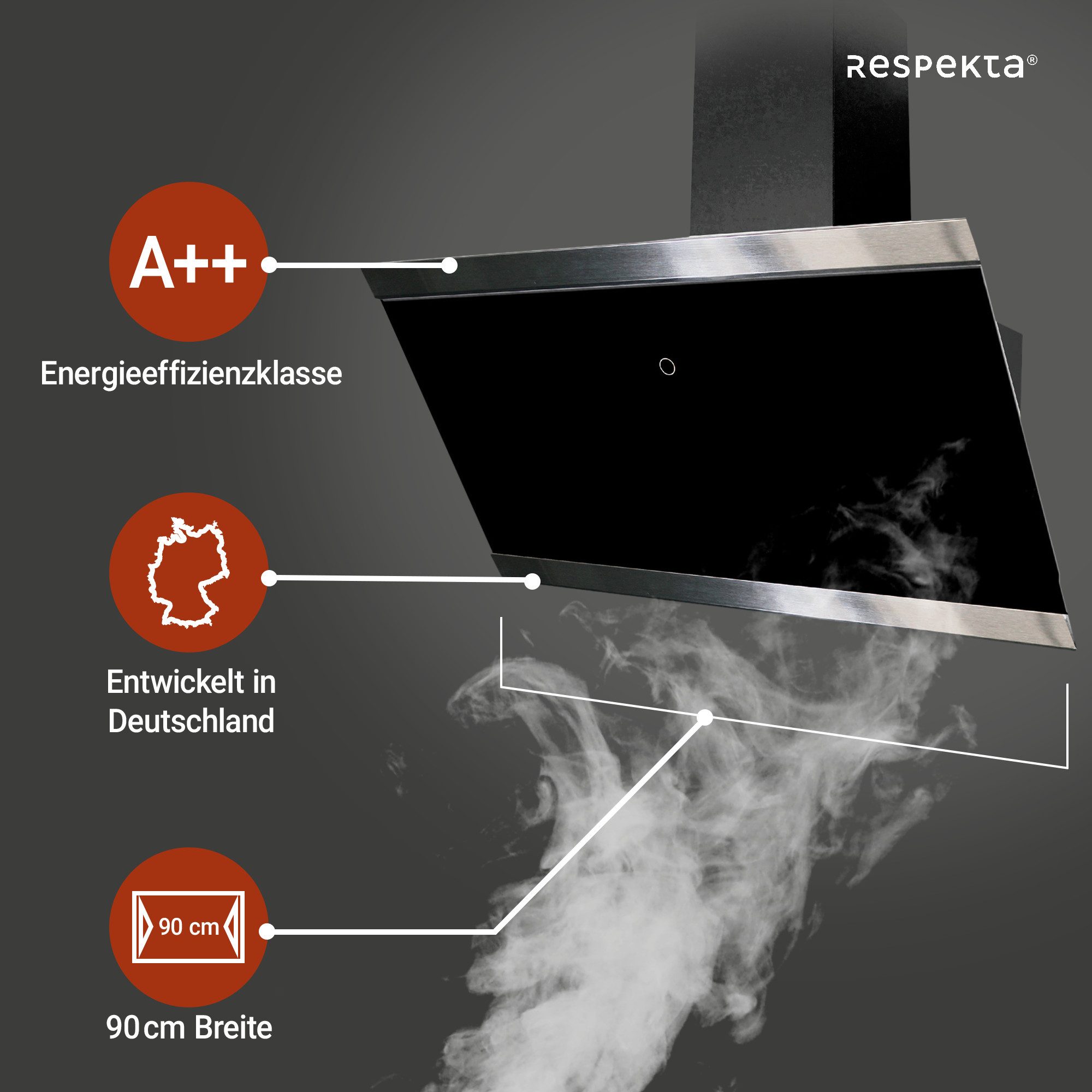 RESPEKTA Schuine wandkap 90 cm, 9 vermogensniveaus, led-verlichting, geschikt voor afzuiging en recirculatie