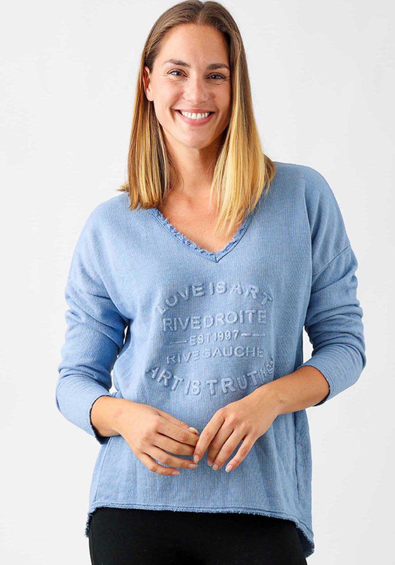 Zwillingsherz Sweatshirt met rafelige v-halslijn in vintage-look