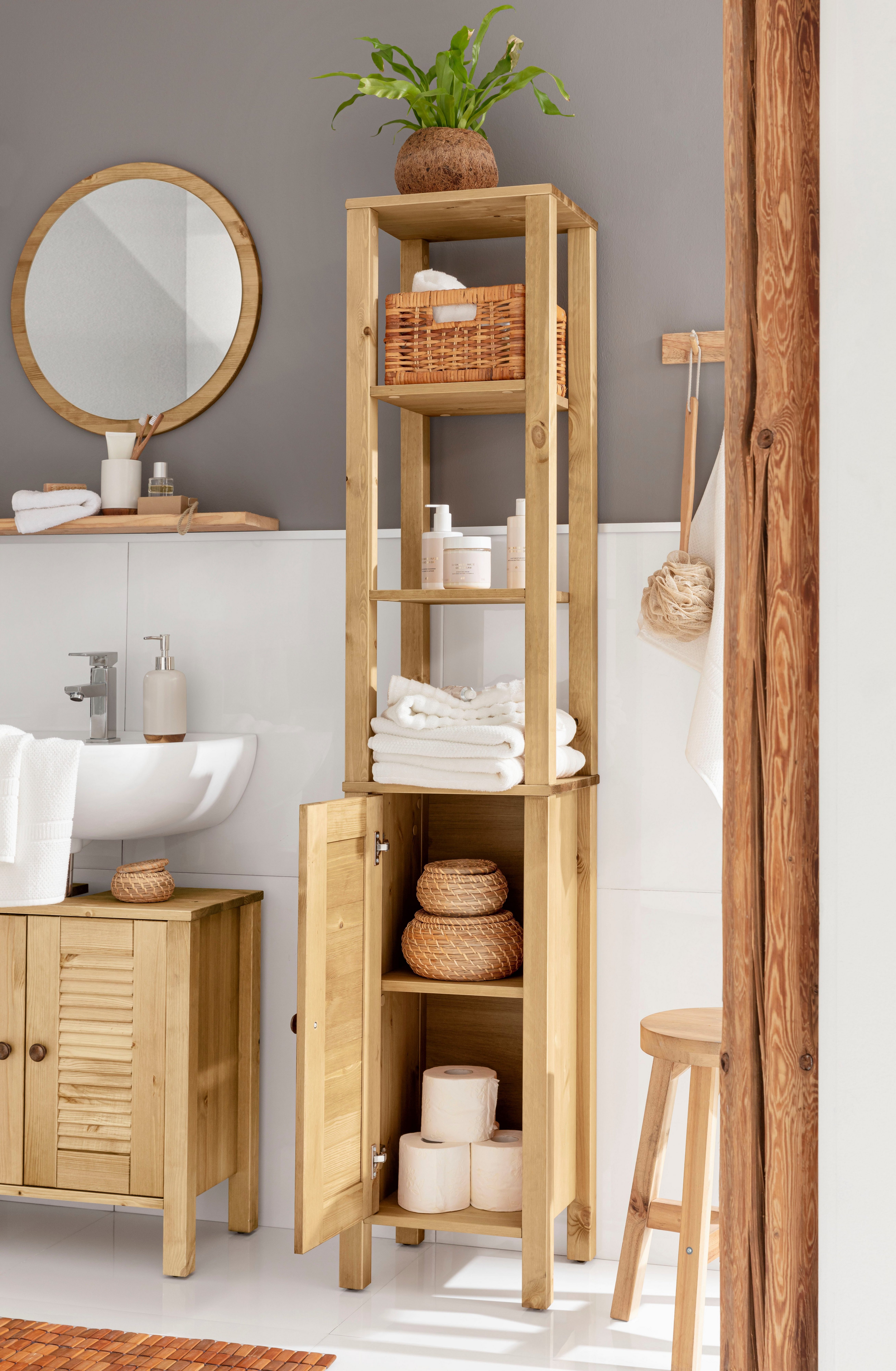 Home affaire Hoge kast Ayanna Badkast van massief hout, FSC®, breedte 33 cm, hoogte 170 cm