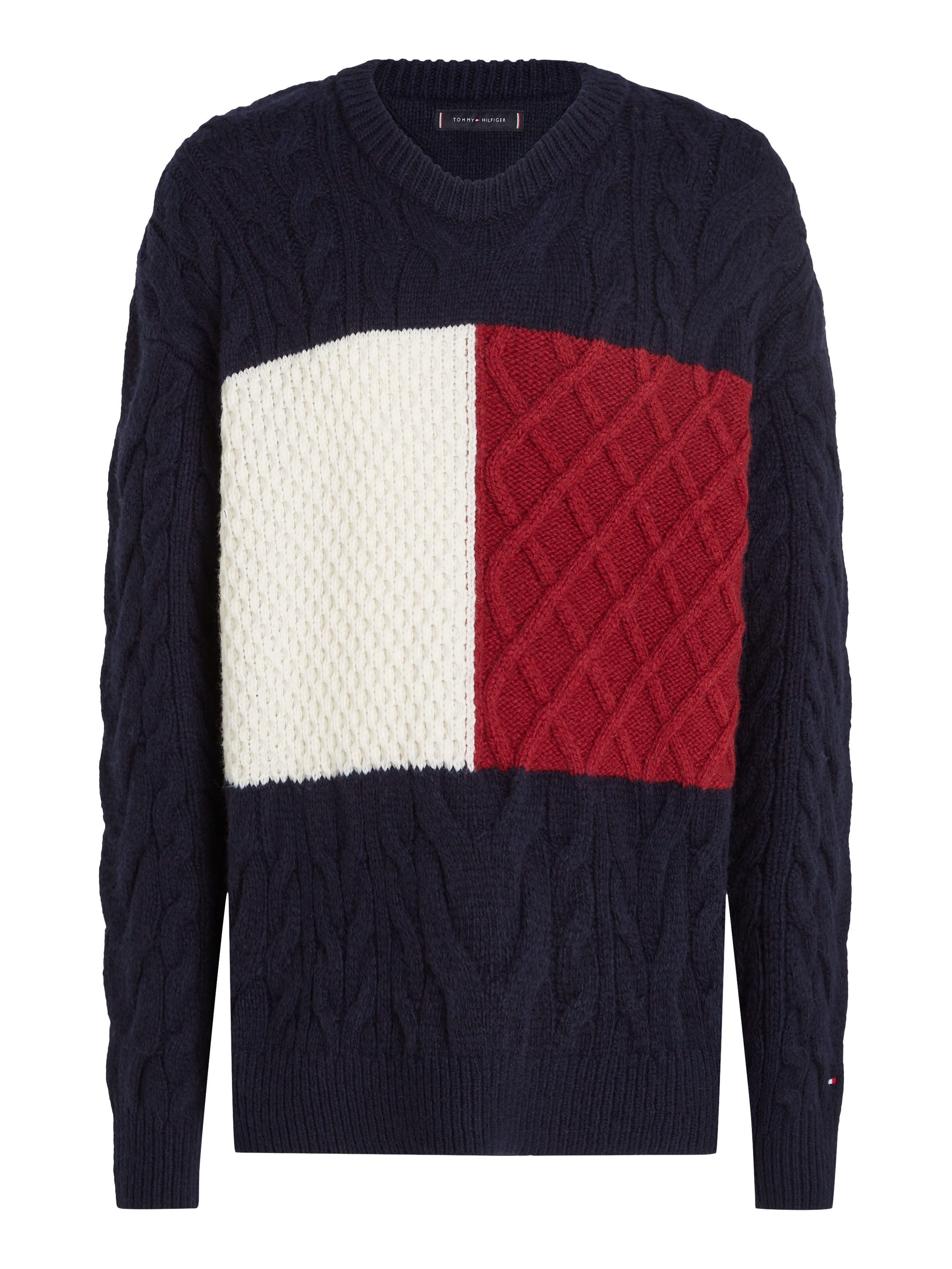 Tommy Hilfiger Trui met ronde hals CABLE FLAG SWEATER met colorblocking-ontwerp aan de voorkant