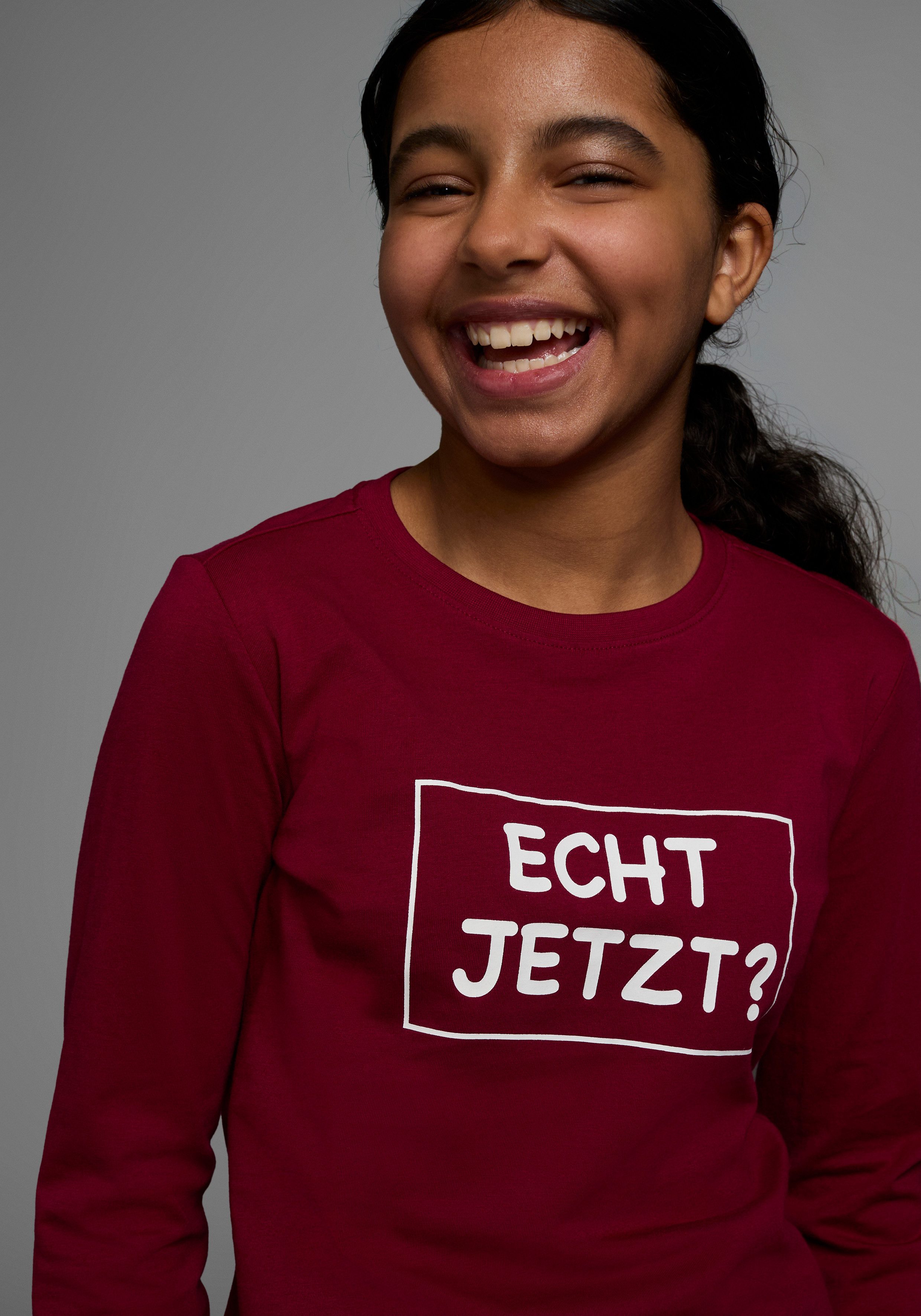 KIDSWORLD Shirt met lange mouwen ECHT JETZT? Lange mouwen, basic pasvorm, met frisse en dynamische opdruk