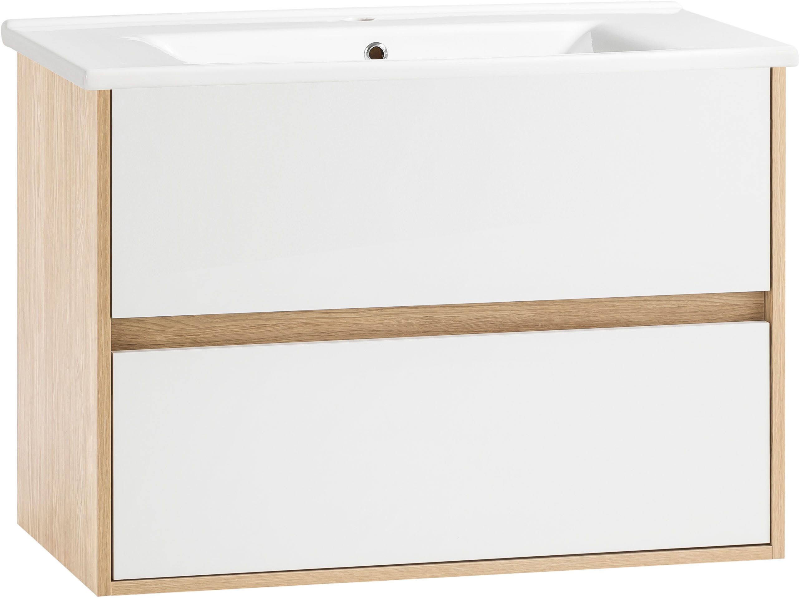 Schildmeyer Wastafelonderkast Mali, breedte 85 cm Houtdecor met voelbare structuur, keramisch bekken wastafelmeubels wit