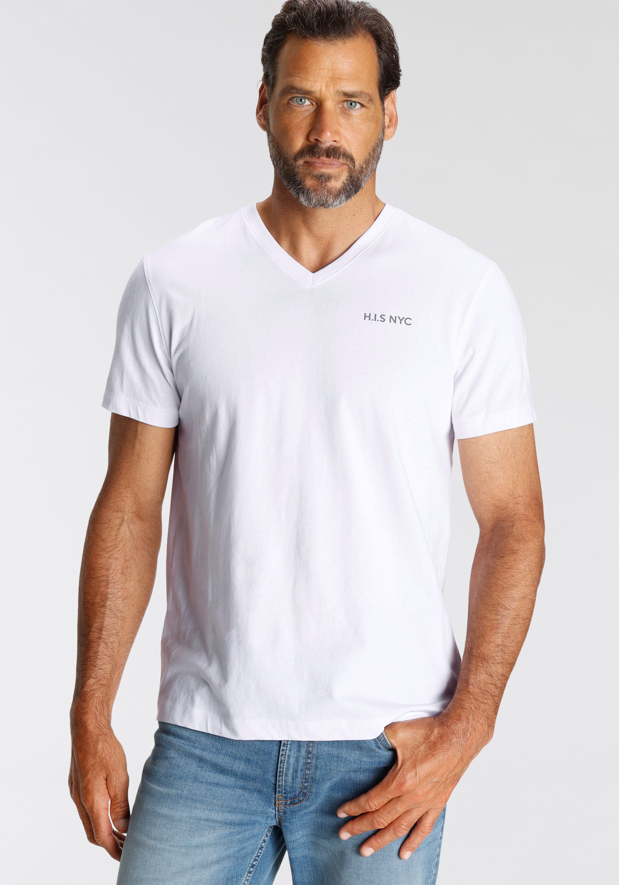 H.I.S Shirt met V-hals Korte mouwen, slim fit, van katoen (Set van 3)