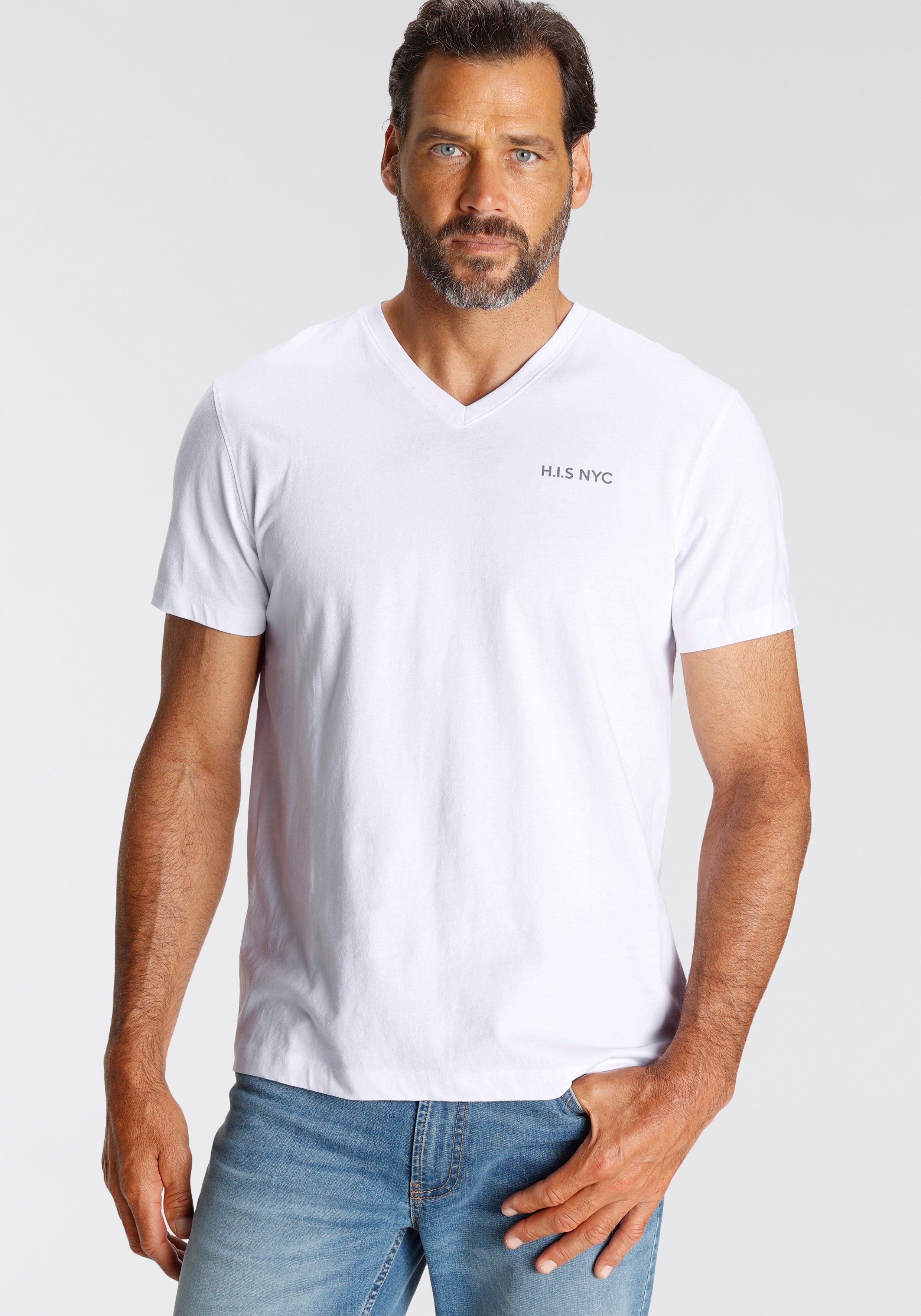 H.I.S Shirt met V-hals met kleine print op de borst (Set van 3)