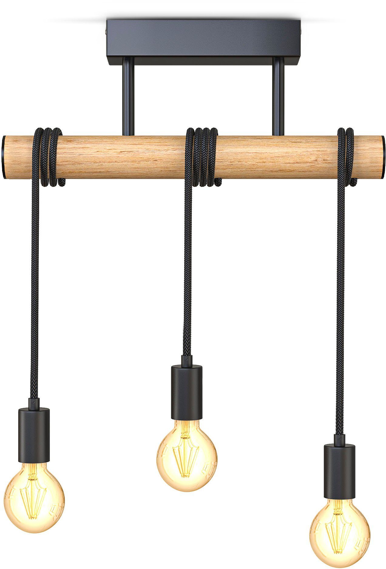 B.K.Licht Hanglamp BK_PL1392 Holz-Pendellampe, 3x E27-Fassung, mit Textilkabel