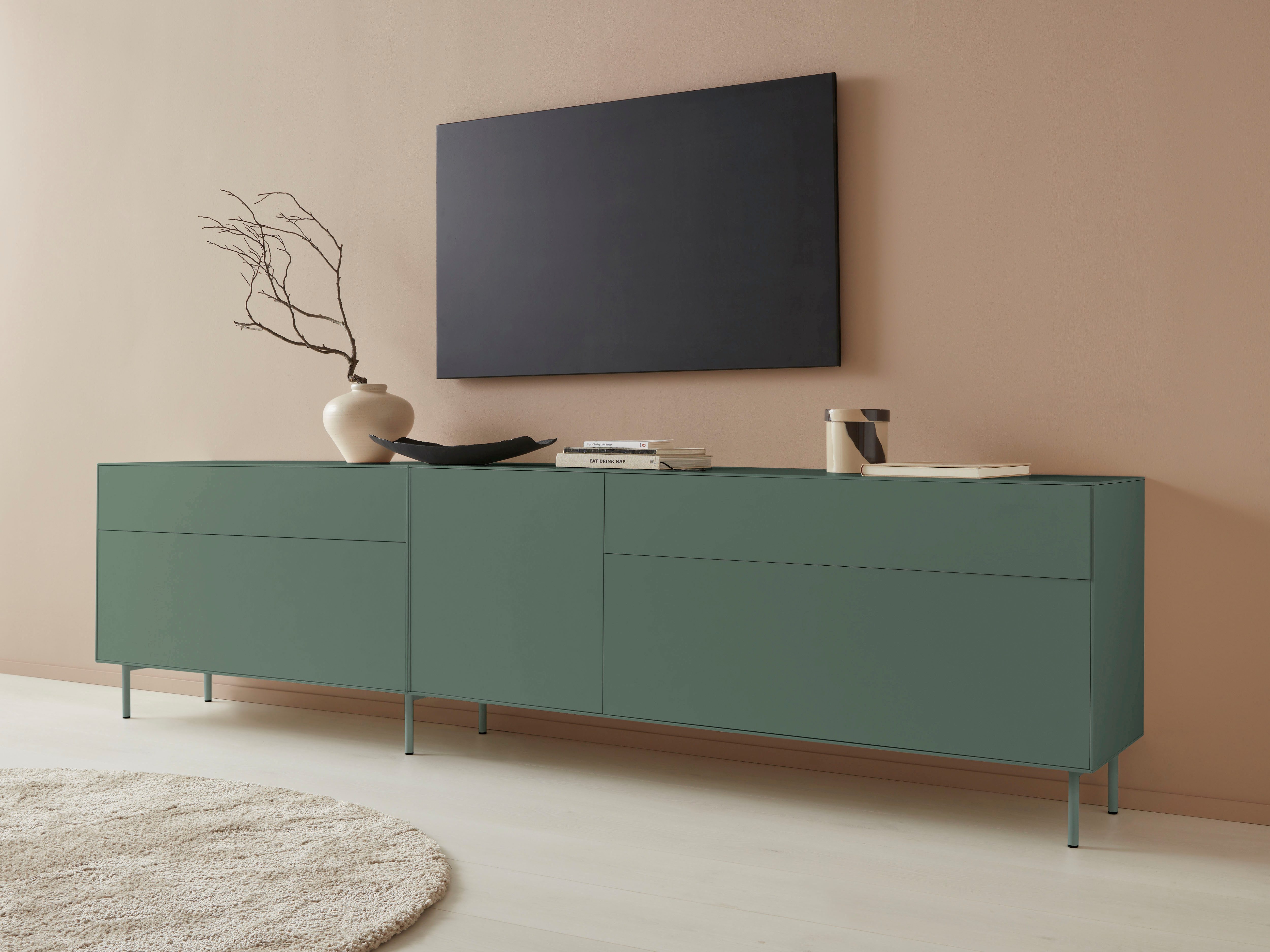 LeGer Home by Lena Gercke Tv-meubel Essentials Breedte: 279 cm, MDF gelakt, push-to-open-functie (2 stuks) lowboards groen