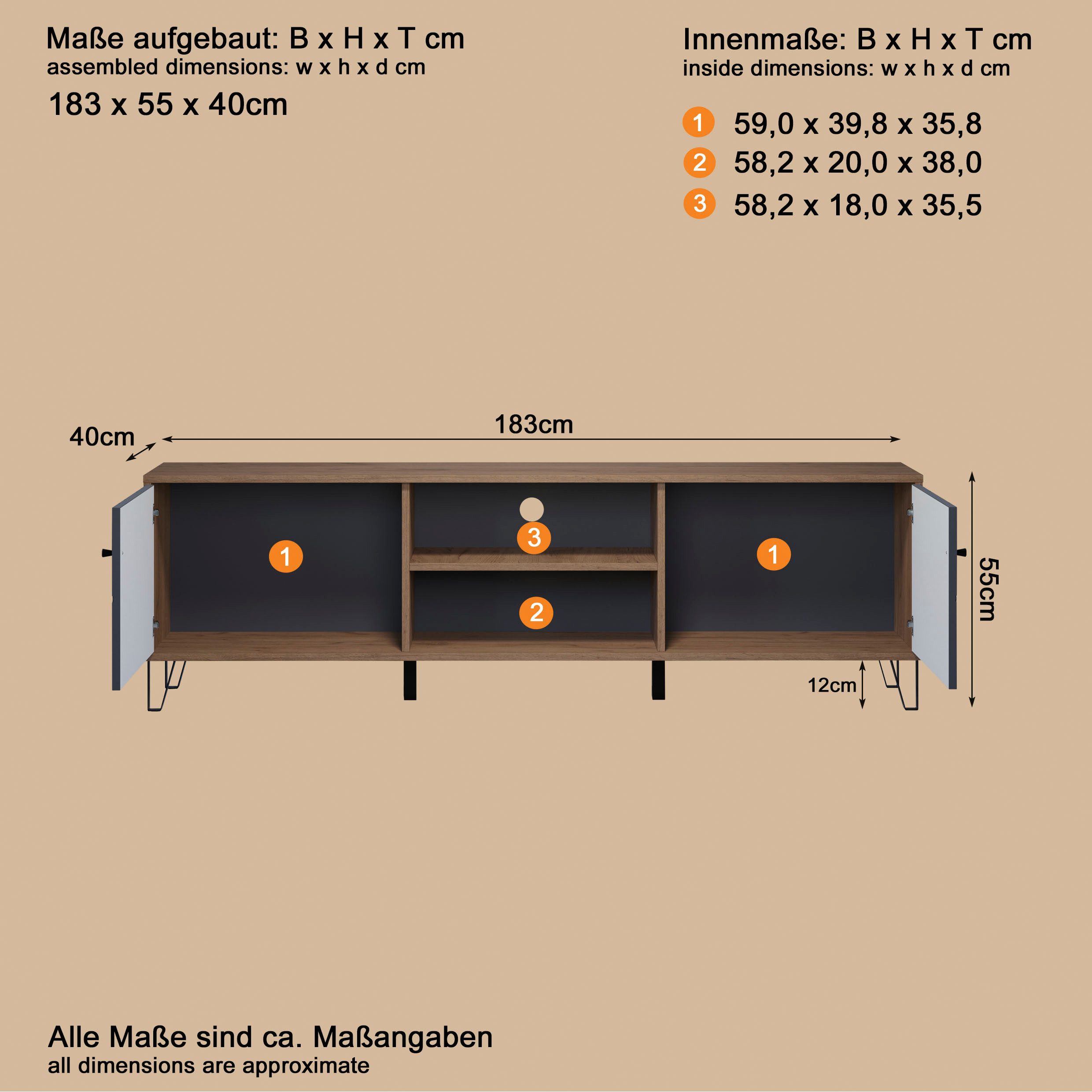 Places of Style Tv-meubel MOLVENO Commode, met gestructureerde fronten, Soft-Close, B 183 cm (1 stuk)