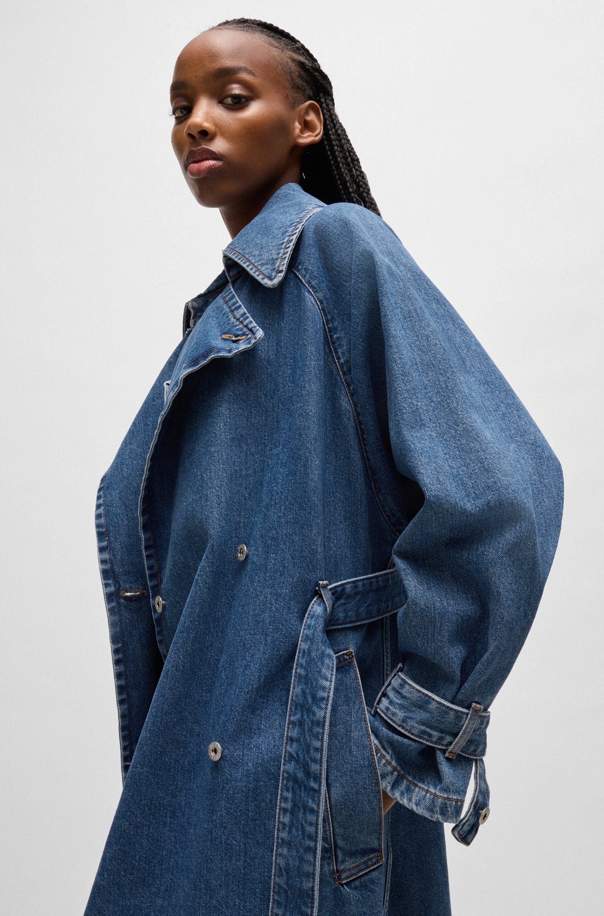 HUGO Blue Trenchcoat Garena met tailleband, all-over denim fashion piece jeans trenchcoat