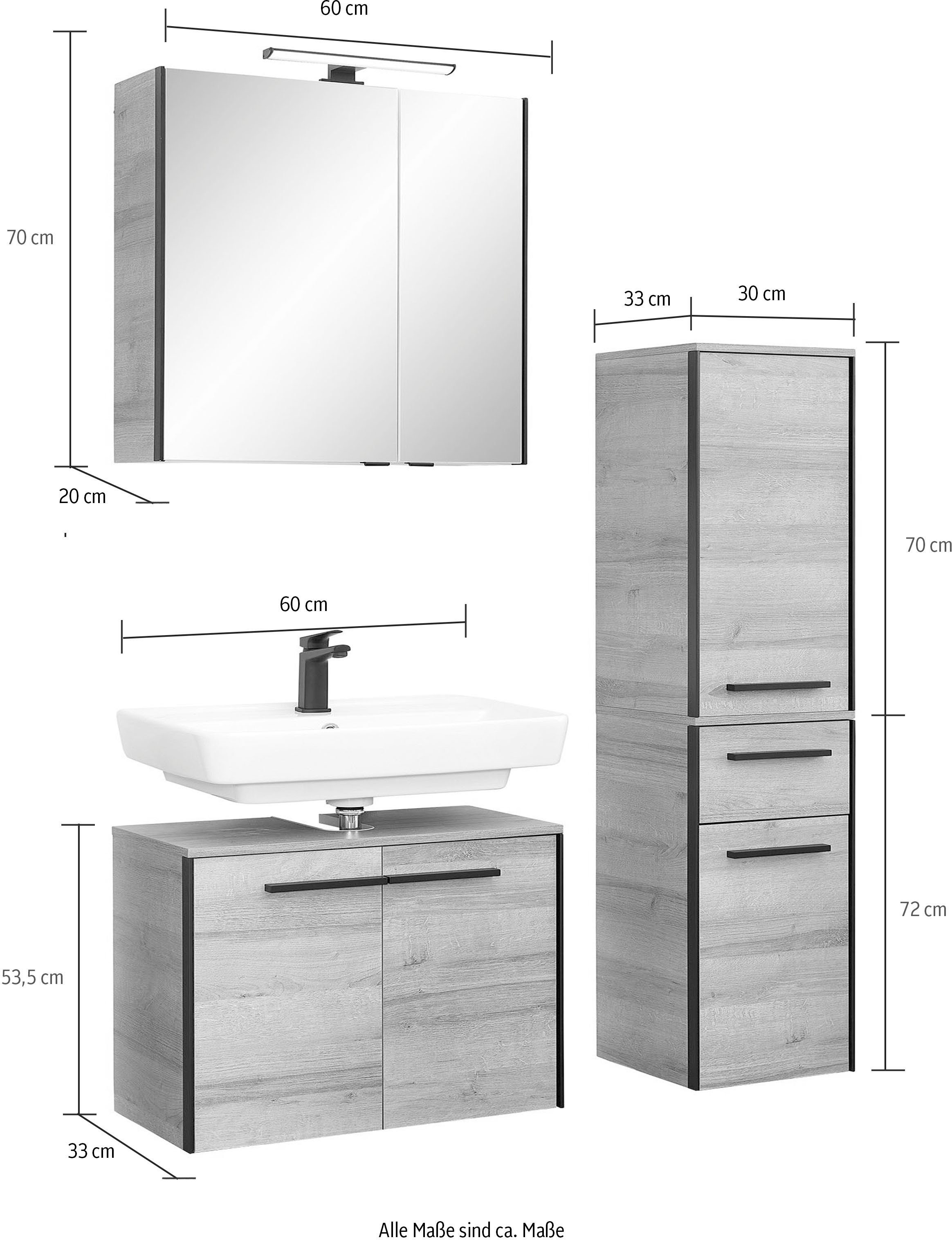 Saphir Badkamerserie Quickset 395 3-delig, wastafelonderkast met led-spiegelkast Middel kast, incl. deurdemper, 6 deuren, 1 lade, badkamer set (4-delig)
