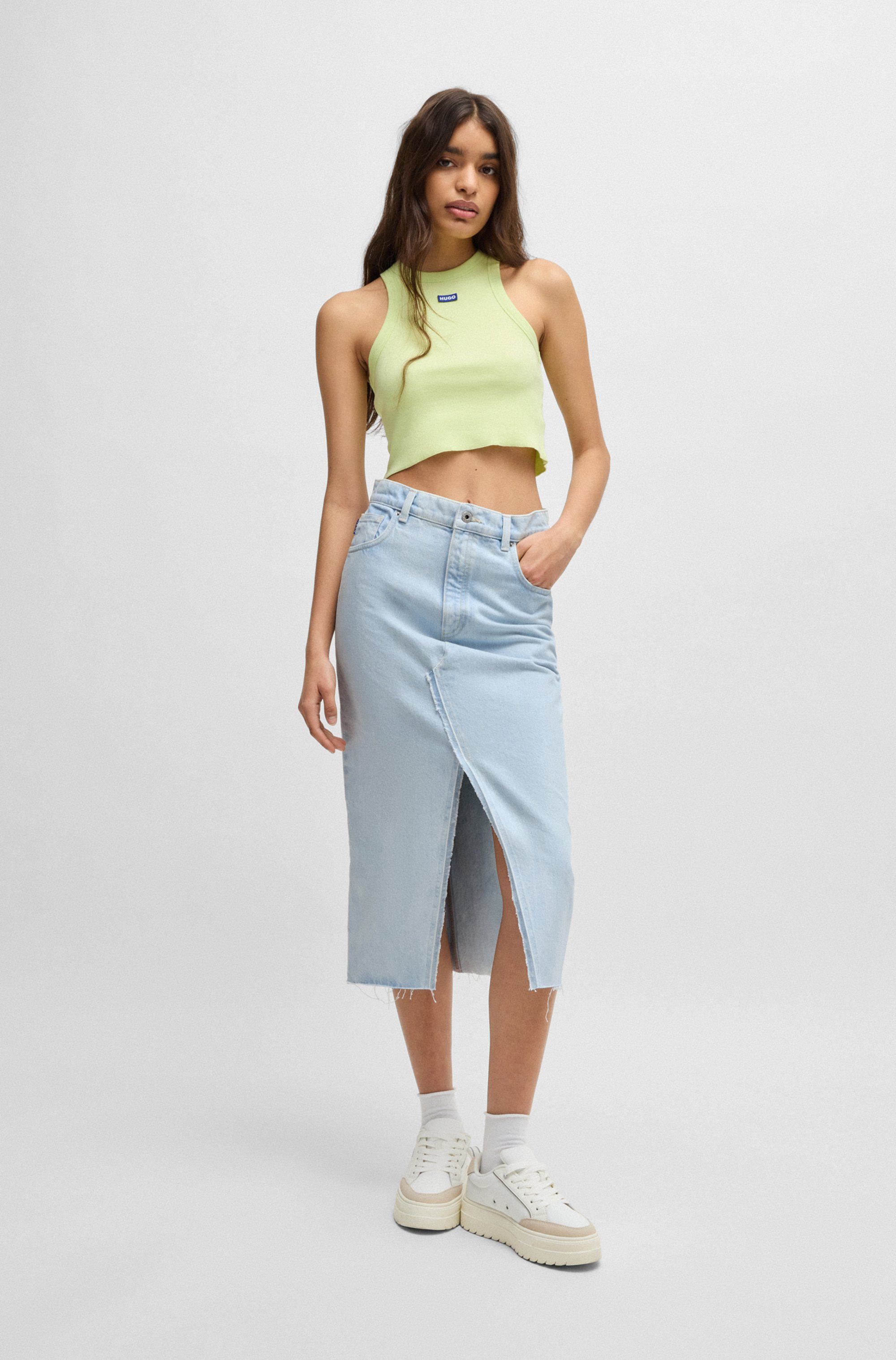 HUGO Blue Jeans rok Galita met franjes aan de zoom midi rok